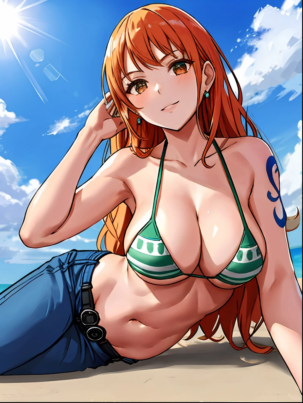 detailed background, masterpiece, 4k, epic, best quality, late youth, adult, milf, athlete body, 1girl, active, energic, ((wide open mouth, smile, lying on the ground, fully lying down, open eyes, hands spread sideway)) , solo, nami \(one piece\), 1girl, bangle, (very missy hair, tired, open mouth, feeling hot, tilting head, both hands spreadeagled, serious, hurt, glaring, open eyes, looking up, perfect detailed face, round face) bold drawing lines, muscular arms, detailed bold arm lines, flat jaw, adult woman, wavy wide streaked bangs, floating bang, (big cheeks), bare shoulders, off-shoulders, belt, bikini, bikini top only, blue sky, bracelet, springy breasts, breast lines, big round eyes, very big brown shiny eyes, bubbles, high eye position, cleavage, cloud, day, denim, earrings, floating hair, shiny hair, green belt, green bikini, bold groin lines, jeans, jewelry, medium breasts, log pose, long hair, looking at viewer, long navel, wet hair, orange hair, pants, shoulder tattoo, sidelocks, sky, solo, stomach, swimsuit, tattoo, detailed left arm, big forehead, hourglass figure, small head, toned body, wide hair, wind effect, sun effect, under the sun, narrow small ears angle, older, straight shot,