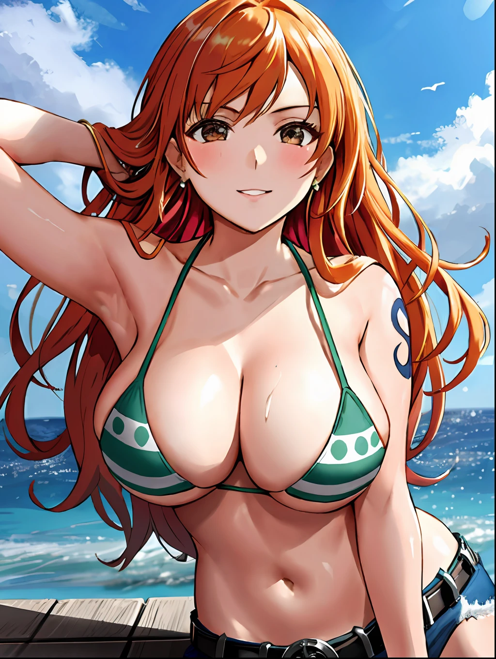 detailed background, masterpiece, 4k, epic, best quality, late youth, adult, milf, athlete body, 1girl, active, energic, ((wide open mouth, smile, lying on the ground, fully lying down, open eyes, hands spread sideway)) , solo, nami \(one piece\), 1girl, bangle, (very missy hair, tired, open mouth, feeling hot, tilting head, both hands spreadeagled, serious, hurt, glaring, open eyes, looking up, perfect detailed face, round face) bold drawing lines, muscular arms, detailed bold arm lines, flat jaw, adult woman, wavy wide streaked bangs, floating bang, (big cheeks), bare shoulders, off-shoulders, belt, bikini, bikini top only, blue sky, bracelet, springy breasts, breast lines, big round eyes, very big brown shiny eyes, bubbles, high eye position, cleavage, cloud, day, denim, earrings, floating hair, shiny hair, green belt, green bikini, bold groin lines, jeans, jewelry, medium breasts, log pose, long hair, looking at viewer, long navel, wet hair, orange hair, pants, shoulder tattoo, sidelocks, sky, solo, stomach, swimsuit, tattoo, detailed left arm, big forehead, hourglass figure, small head, toned body, wide hair, wind effect, sun effect, under the sun, narrow small ears angle, older, straight shot,