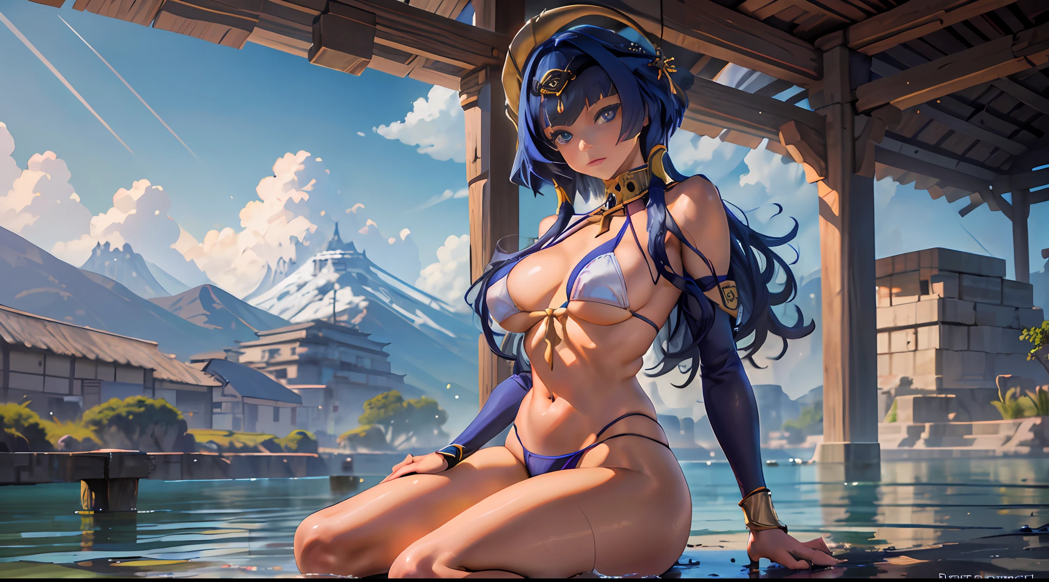 Candace Genshin Impact, Iwhole body, (NSTDA.:1.2), (10, beste-Qualit, master-piece: 1.4), ultra-high resolution, (lifelike, photorealistic portrait: 1.48), 25 years old, Cute Girl, (See through the microcolor bikini beetle:1.11), Famous Japanese actors, gigantic breasts, Blue Eyes, Head tilt, cowboy shot, from the side, looking at the audience, expressionless, Beautiful lake, Zeiss 150mm F/ 2.8 Hasselblad, Whole body, foot, Ultra-Wide Angle