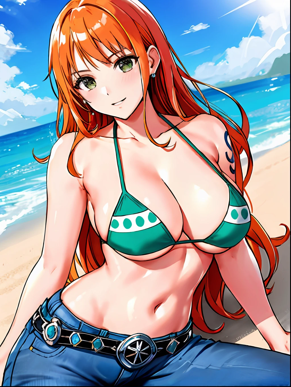 detailed background, masterpiece, 4k, epic, best quality, late youth, adult, milf, athlete body, 1girl, active, energic, ((wide open mouth, smile, lying on the ground, fully lying down, open eyes, hands spread sideway)) , solo, nami \(one piece\), 1girl, bangle, (very missy hair, tired, open mouth, feeling hot, tilting head, both hands spreadeagled, serious, hurt, glaring, open eyes, looking up, perfect detailed face, round face) bold drawing lines, muscular arms, detailed bold arm lines, flat jaw, adult woman, wavy wide streaked bangs, floating bang, (big cheeks), bare shoulders, off-shoulders, belt, bikini, bikini top only, blue sky, bracelet, springy breasts, breast lines, big round eyes, very big brown shiny eyes, bubbles, high eye position, cleavage, cloud, day, denim, earrings, floating hair, shiny hair, green belt, green bikini, bold groin lines, jeans, jewelry, medium breasts, log pose, long hair, looking at viewer, long navel, wet hair, orange hair, pants, shoulder tattoo, sidelocks, sky, solo, stomach, swimsuit, tattoo, detailed left arm, big forehead, hourglass figure, small head, toned body, wide hair, wind effect, sun effect, under the sun, narrow small ears angle, older, straight shot,