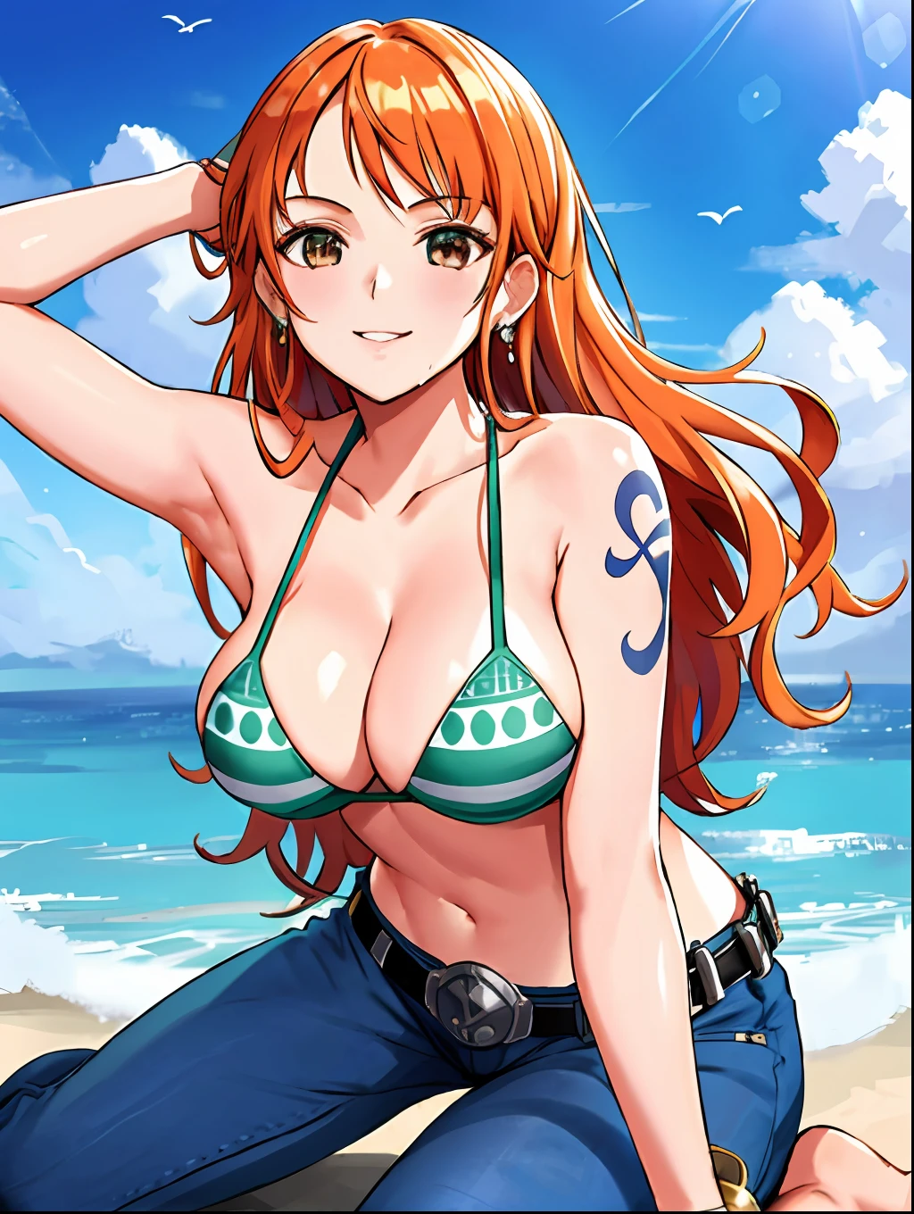 detailed background, masterpiece, 4k, epic, best quality, late youth, adult, milf, athlete body, 1girl, active, energic, ((wide open mouth, smile, lying on the ground, fully lying down, open eyes, hands spread sideway)) , solo, nami \(one piece\), 1girl, bangle, (very missy hair, tired, open mouth, feeling hot, tilting head, both hands spreadeagled, serious, hurt, glaring, open eyes, looking up, perfect detailed face, round face) bold drawing lines, muscular arms, detailed bold arm lines, flat jaw, adult woman, wavy wide streaked bangs, floating bang, (big cheeks), bare shoulders, off-shoulders, belt, bikini, bikini top only, blue sky, bracelet, springy breasts, breast lines, big round eyes, very big brown shiny eyes, bubbles, high eye position, cleavage, cloud, day, denim, earrings, floating hair, shiny hair, green belt, green bikini, bold groin lines, jeans, jewelry, medium breasts, log pose, long hair, looking at viewer, long navel, wet hair, orange hair, pants, shoulder tattoo, sidelocks, sky, solo, stomach, swimsuit, tattoo, detailed left arm, big forehead, hourglass figure, small head, toned body, wide hair, wind effect, sun effect, under the sun, narrow small ears angle, older, straight shot,