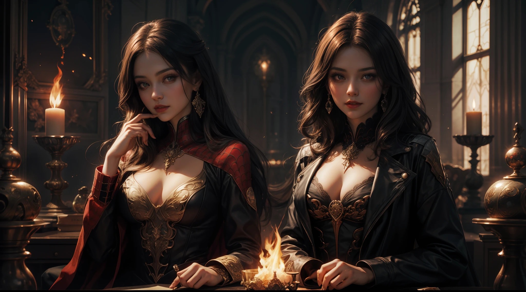 (Award-winning digital artwork:1.3) af (sketching:1.3),(with dynamism:1.3)Spidey,EmmaRob,CGSesociety,art stations,(Saturation:1.3),(Close portrait:1.3),(femele:1.4),(big breasts beautiful: 1.4),(carismatic:1.3),Handsome,calendar pose,Perfect Detailed Eyes,studiolight,Theme,Mature woman,Vampires,Large breasts,Leather clothes,complex patterns,magia,Film filter, Hellfire,full bodyesbian,demon,Flame,palaces,dramatics,dynamicposes,illusory engine, (High detail: 1.9),seele,crystal sphere,mystic symbols