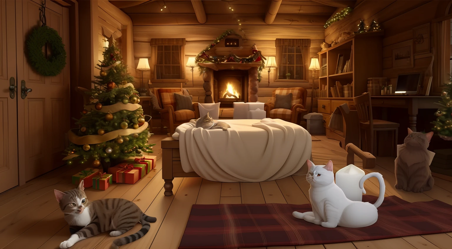 there is a cat laying on the floor in a room, cozy and calm, cozy and peaceful atmosphere, christmas night, cozy room, unreal engine ; romantic theme, photorealistic room, cozy wallpaper, cozy atmosphere, thomas kinkade. cute cozy room, pleasant cozy atmosphere, cozy setting, warm interior, cozy treehouse bedroom, cosy enchanted scene, very cozy, cosy atmosphere