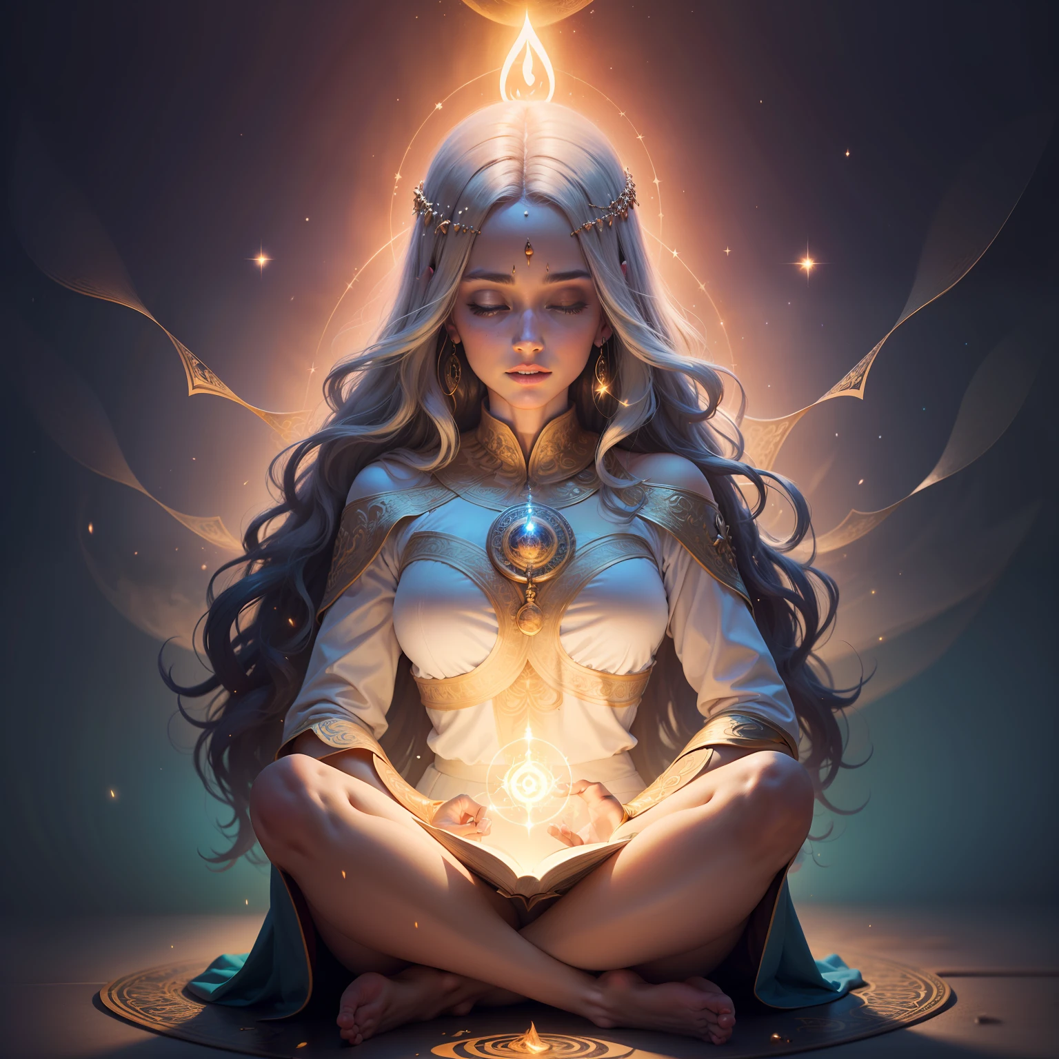 Woman practicing law of attraction, spiritual lighting, orar meditando, emanando magia de suas palmas, Practicing Law of Attraction, editing, background is celestial, divine vibes, spiritual vibes, misticismo, divine cosmic female power, holistic medicine advertisement, channeling mystical energy, advertising photo, celestial