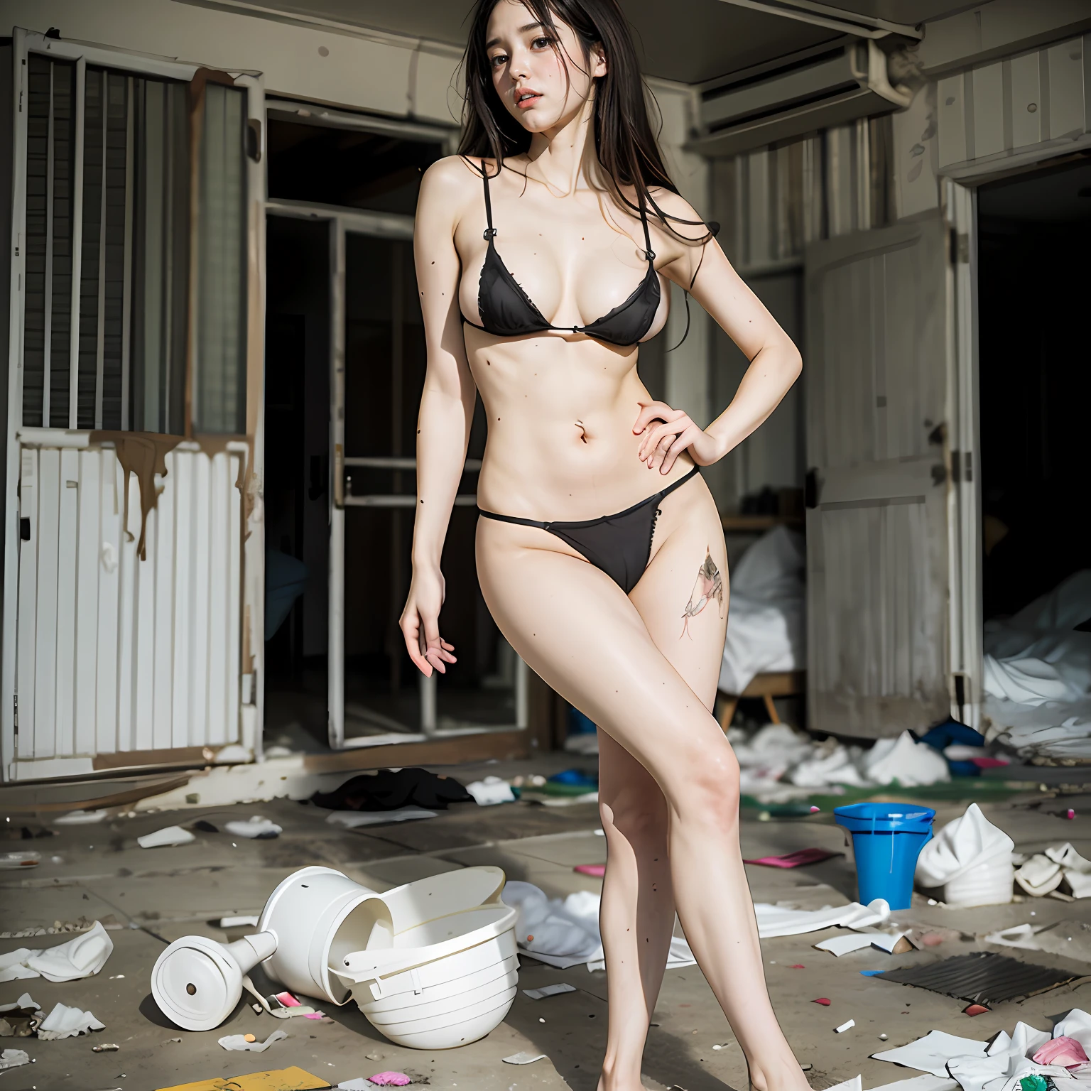 Abandoned schools,Extreme exhibitionism,sexyposture,Garbage all over the ground,grimy,Dilapidated,Devastated,best qualtiy,full-body portraits(1:1),18 years old girls,lean and slender body,Skinny,Smaller bust,Slender legs,The barefoot,junk,Leakage of the entire breast,Naked all over the body,face to the viewer,Nude 1.1