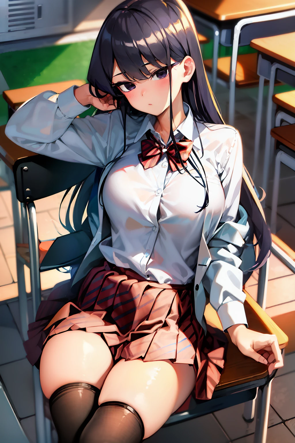 pixel-Komi-Shouko, from front masterpiece, best quality 1girl, school uniform, bow tie, jacket, white shirt, pleated skirt, black thighhighs, classroom