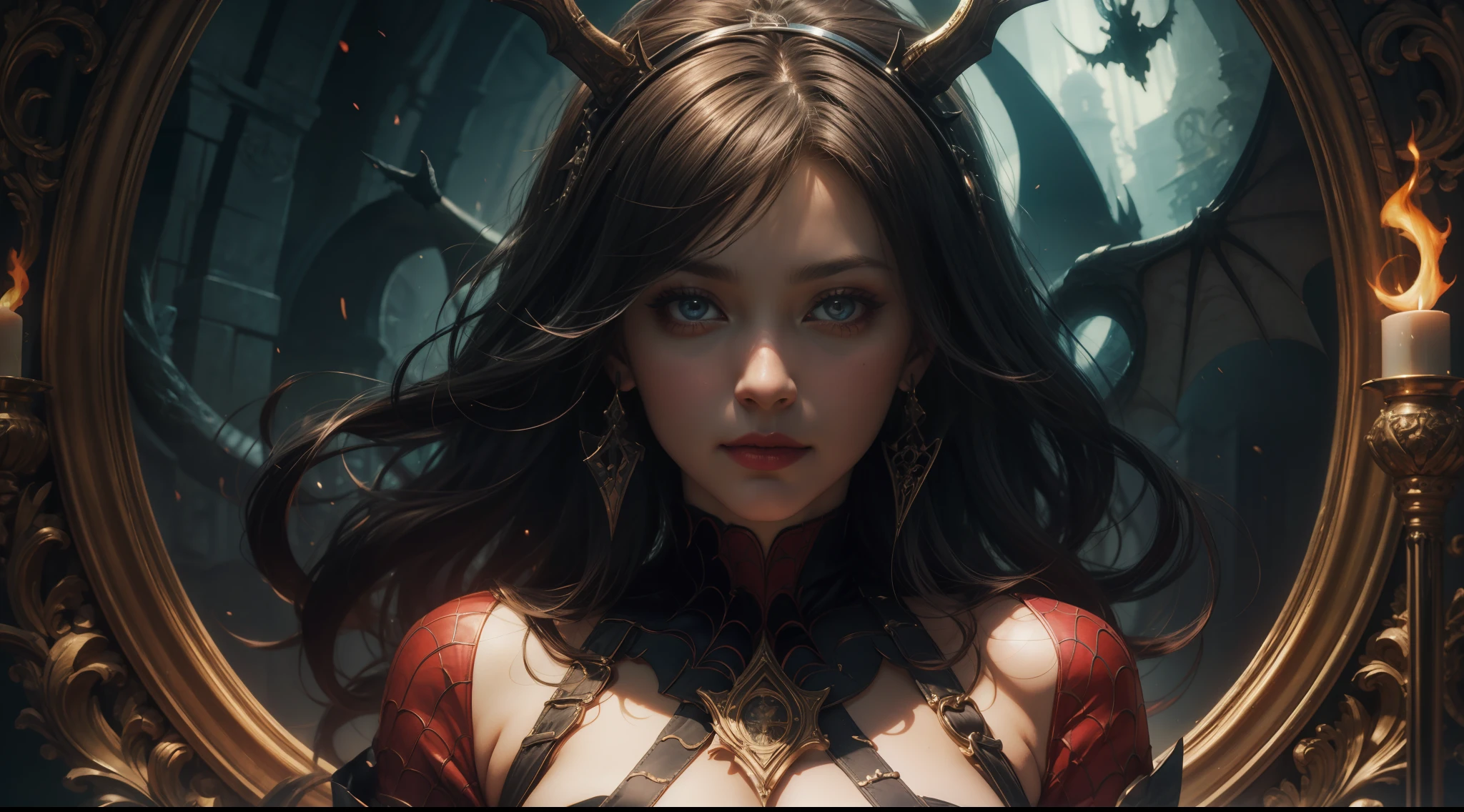 (Award-winning digital artwork:1.3) af (sketching:1.3),(with dynamism:1.3)Spidey,EmmaRob,CGSesociety,art stations,(Saturation:1.3),(Close portrait:1.3),(femele:1.4),(big breasts beautiful: 1.4),(carismatic:1.3),Handsome,calendar pose,Perfect Detailed Eyes,studiolight,Theme,Mature woman,Vampires,Large breasts,Leather clothes,complex patterns,magia,Film filter, Hellfire,full bodyesbian,demon,Flame,palaces,dramatics,dynamicposes,illusory engine, (High detail: 1.9),seele,crystal sphere,mystic symbols