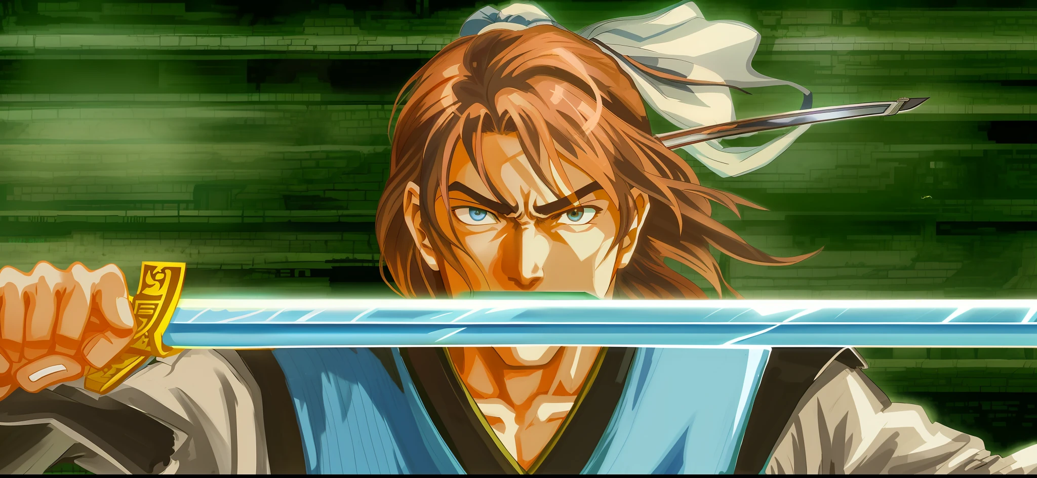 a close up of a person with a sword in a game, ninja scroll anime style, boromir in an 80\'s anime world, anime ninja scroll, Katana Zero video game character, fighting game character, side scrolling, Ninja scrolls, sword attack, sword and wand – water, SNK, sword slash, sengoku - era art style