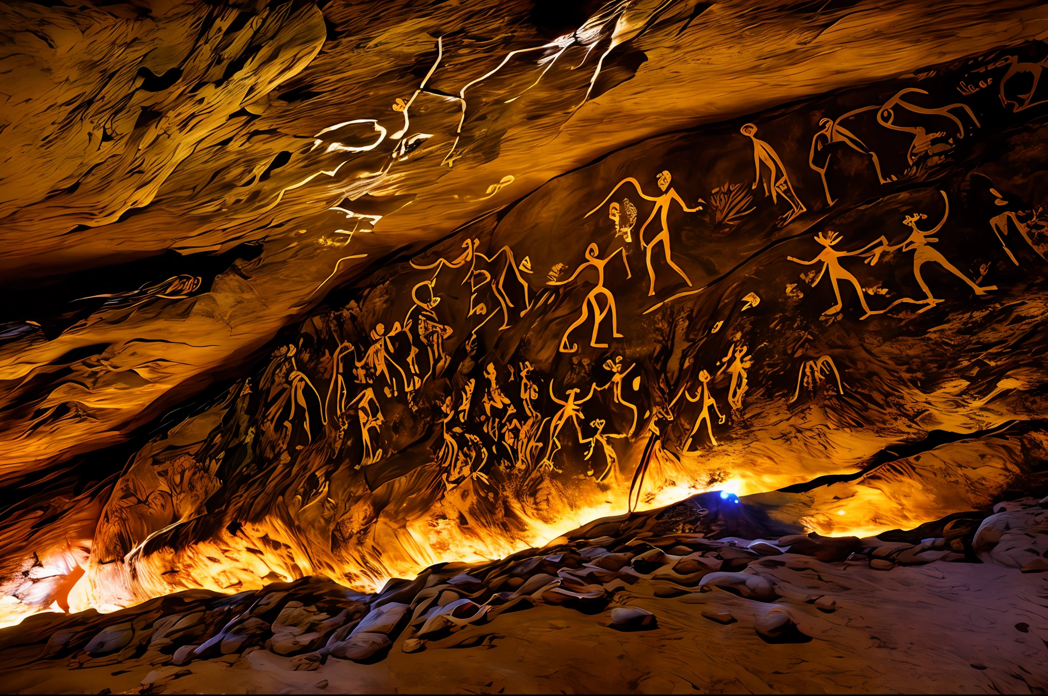 there is a cave with a lot of rock art on it, rock cave painting, prehistoric cave art, cave drawings, paleolithic cave art, cave art, cave art style, cave paintings, cave painting, prehistoric cave painting, a cave painting, paleolithic cave painting, stone age rave in a cave, paleolithic painting, chauvet cave art, rock art drawings