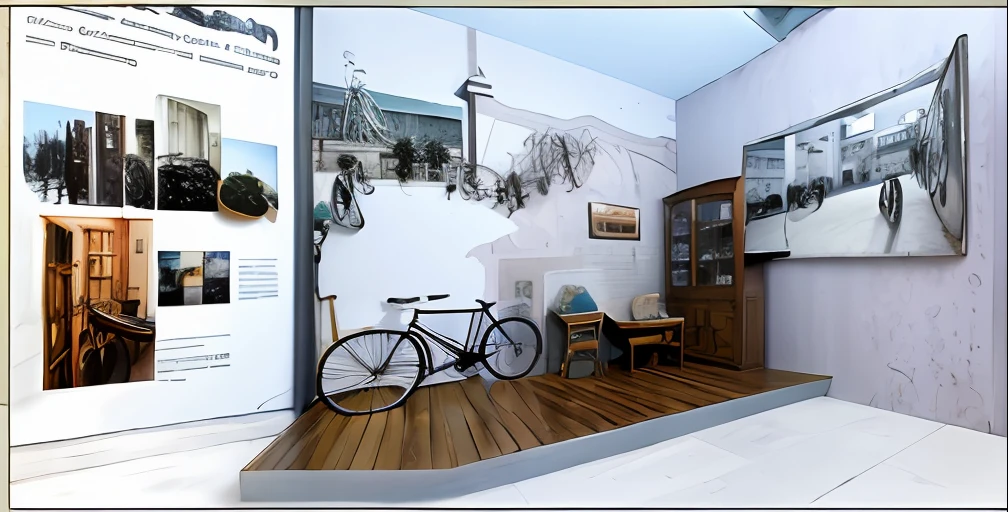 There was a room with bikes，There is a painting on the wall, Psychological trends, [ Realistic photo ]!!, virtual set, exhibit, show room scene, photograph of 3d ios room, photographic render, bicycle in background, A digital rendering, photorender, Diorama model, detailled image, display item, old retro museum exhibition, museum exhibit, screen shot
