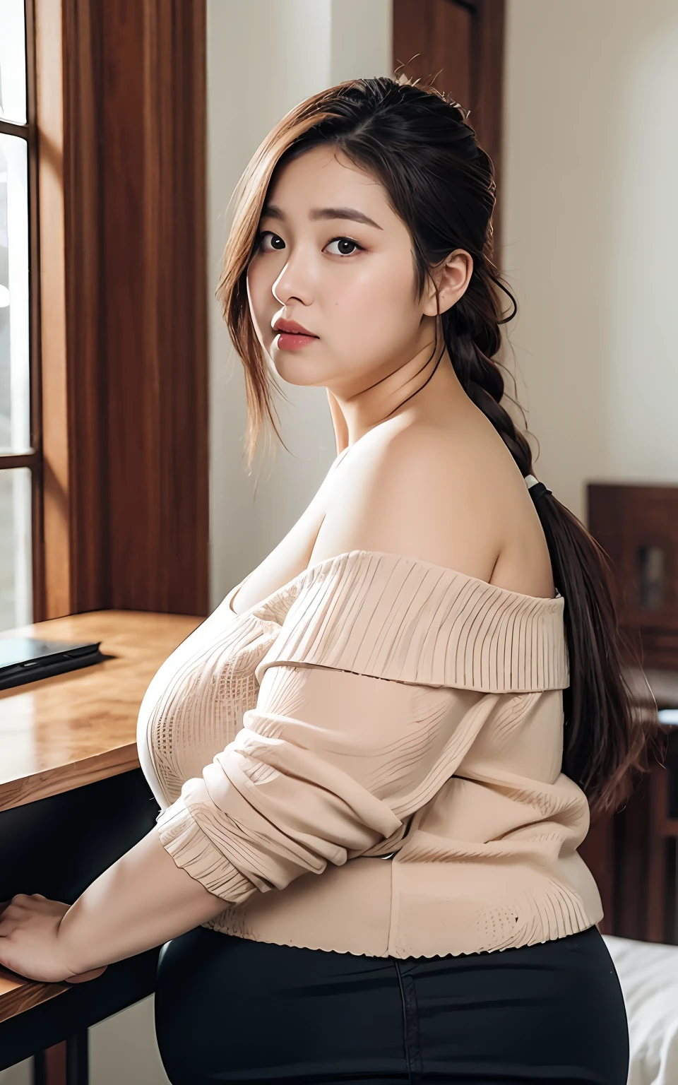 Highly detailed CG Unity 8k wallpaper, top quality, super detailed, masterpiece, realistic, photo realistic, very detailed cute girl, 25 years old, ((chubby lady:1.3)) , (plump lady:1.3) , large breasts , cleavage , round eyes, viewer, blush, parted lips, half body shot , bed , off-shoulder sweater , panties, (over-kneehighs) , office , desk , , french braid , , swept bangs