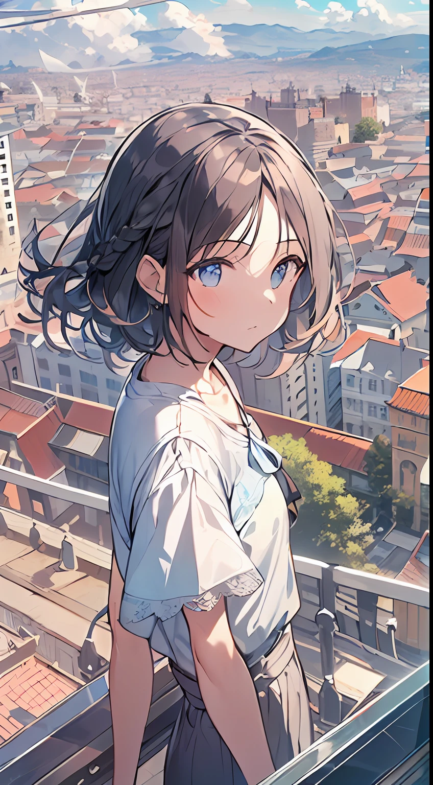 masutepiece, Best Quality,Illustration, Wallpaper, Ultra Detail, absurderes, 1girl in, Solo, (Medium short hair、short braided hair), Beautiful detailed eyes , (Street:1.3), Sunny bright sky、Hair that flutters in the wind,(a panoramic view:1.3),(Sense of depth:1.5),(longshot:1.3)