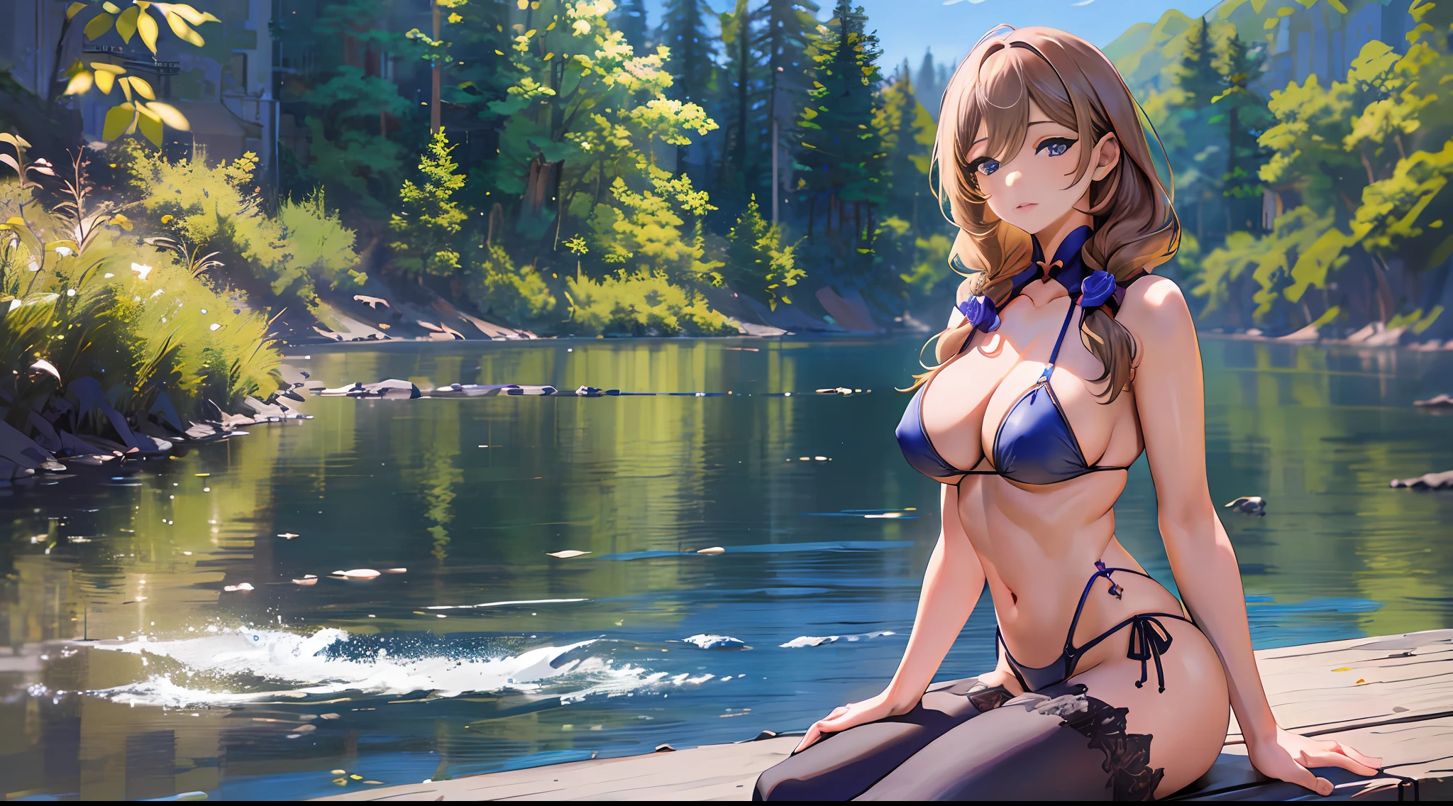 Lisa \(genshin impact\), Iwhole body, (NSTDA.:1.2), (10, beste-Qualit, master-piece: 1.4), ultra-high resolution, (lifelike, photorealistic portrait: 1.48), 20 age, Cute Girl, (Look neatly through the bikini:1.11), Famous Japanese actors, Beautiful breasts, Blue Eyes, Head tilt, cowboy shot, from the side, looking at the audience, expressionless, Beautiful lake, Zeiss 150mm F/ 2.8 Hasselblad, Whole body, foot, Ultra-Wide Angle