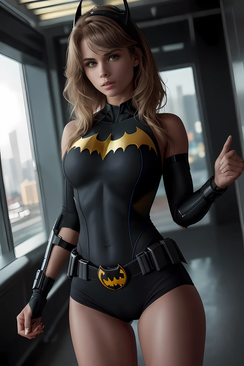 (Extremely detailed 8k wallpaper), a mid shot photo of batgirl, confident, sexy top, short top:1.2, calm, modern futuristic clothing, complex, highly detailed, and dramatic, cinematic lighting, bright scene, cameltoe:1.2, thigh gap, soft lights, large breasts:1.3, nsfw:1.2, fit girl, lean girl, dark gray clothes