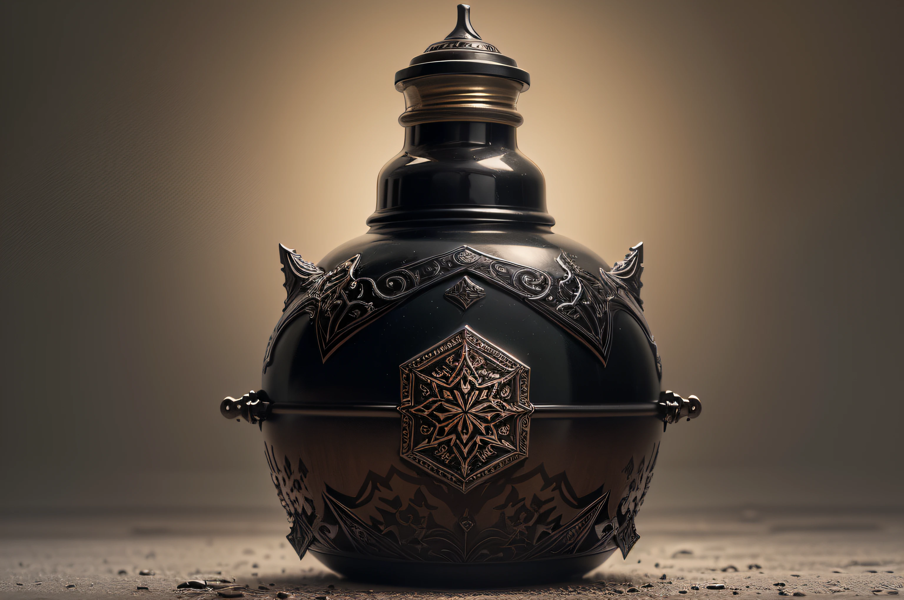 a black liquid that seems to absorb the light around it. Its bottle is made of dark glass and has a metal lid adorned with enigmatic symbols.