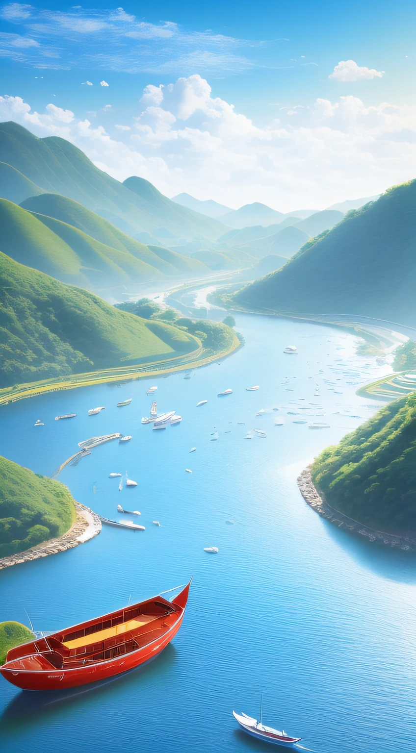 Criar um rio no meio,colocar trilha de esporte e pessoas na trilha ,many colorful birds, realistic and sharp ambient image, a sun on the top side and Japanese style boat on the river