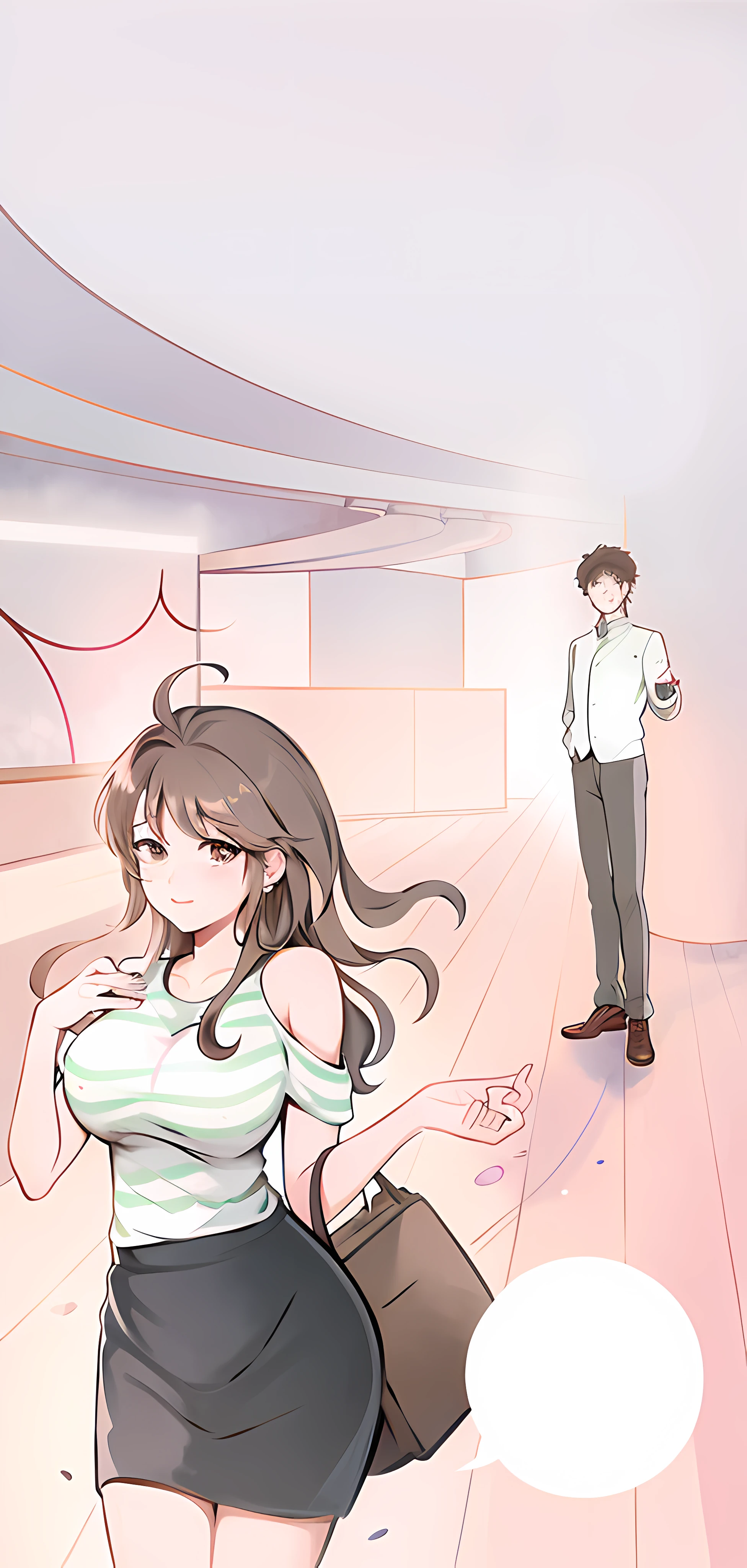 The image of a woman in a skirt and a man in a shirt, shoujo romance, webcomic, High-quality fanart, Shoujo Manga, cel shaded anime, she has a distant expression, exciting illustration, Official illustration, background artwork, official fanart, comic strip