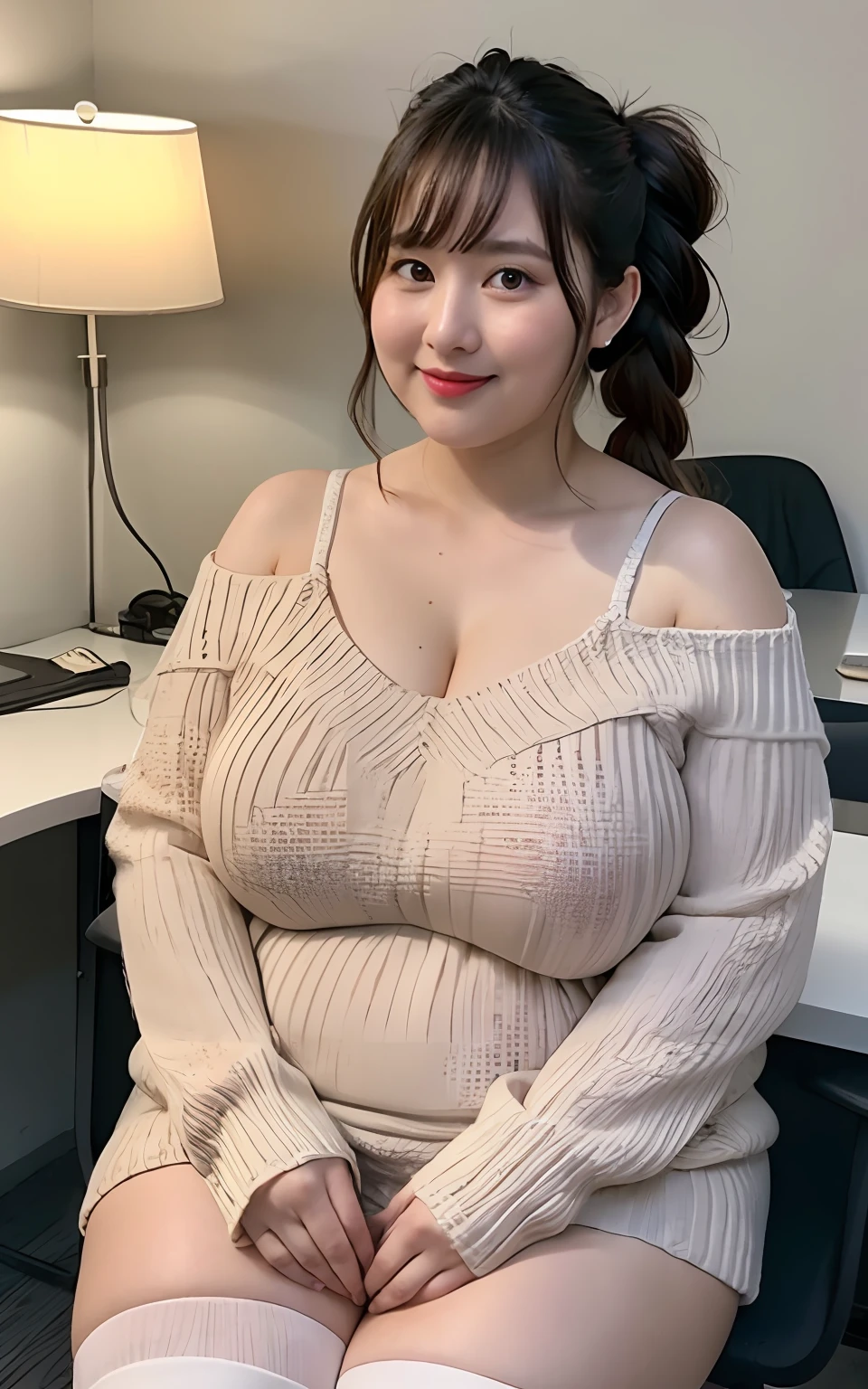 Highly detailed CG Unity 8k wallpaper, of the highest quality, super detailed, masutepiece, Realistic, photographrealistic, extremely detailed cute girl, 25 years old, ((Chubby woman:1.3)) , (Plump woman:1.3) , Large breasts , cleavage , Round eyes, viewer, blush, Parted lips, Half body shot , bed , off-the-shoulder sweater , Panties, (over-kneehighs) , Office , desk work , , french braids , , twintails