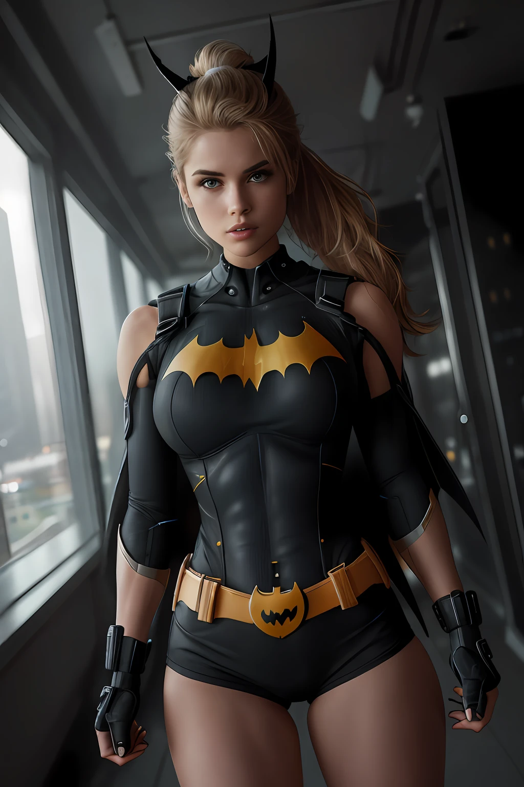(Extremely detailed 8k wallpaper), a mid shot photo of batgirl, confident, sexy top, short top:1.2, calm, modern futuristic clothing, complex, highly detailed, and dramatic, cinematic lighting, bright scene, cameltoe:1.2, thigh gap, soft lights, large breasts:1.3, nsfw:1.2, fit girl, lean girl, dark gray clothes