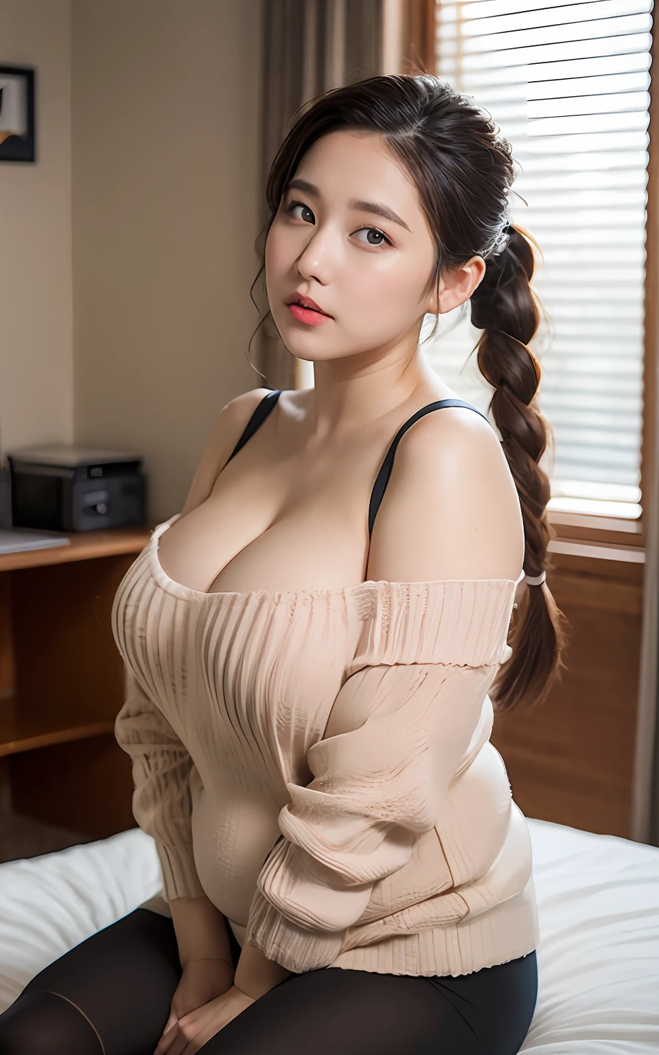 Highly detailed CG Unity 8k wallpaper, of the highest quality, super detailed, masutepiece, Realistic, photographrealistic, extremely detailed cute girl, 25 years old, ((Chubby woman:1.3)) , (Plump woman:1.3) , Large breasts , cleavage , Round eyes, viewer, blush, Parted lips, Half body shot , bed , off-the-shoulder sweater , Panties, (over-kneehighs) , Office , desk work , , french braids , , twintails