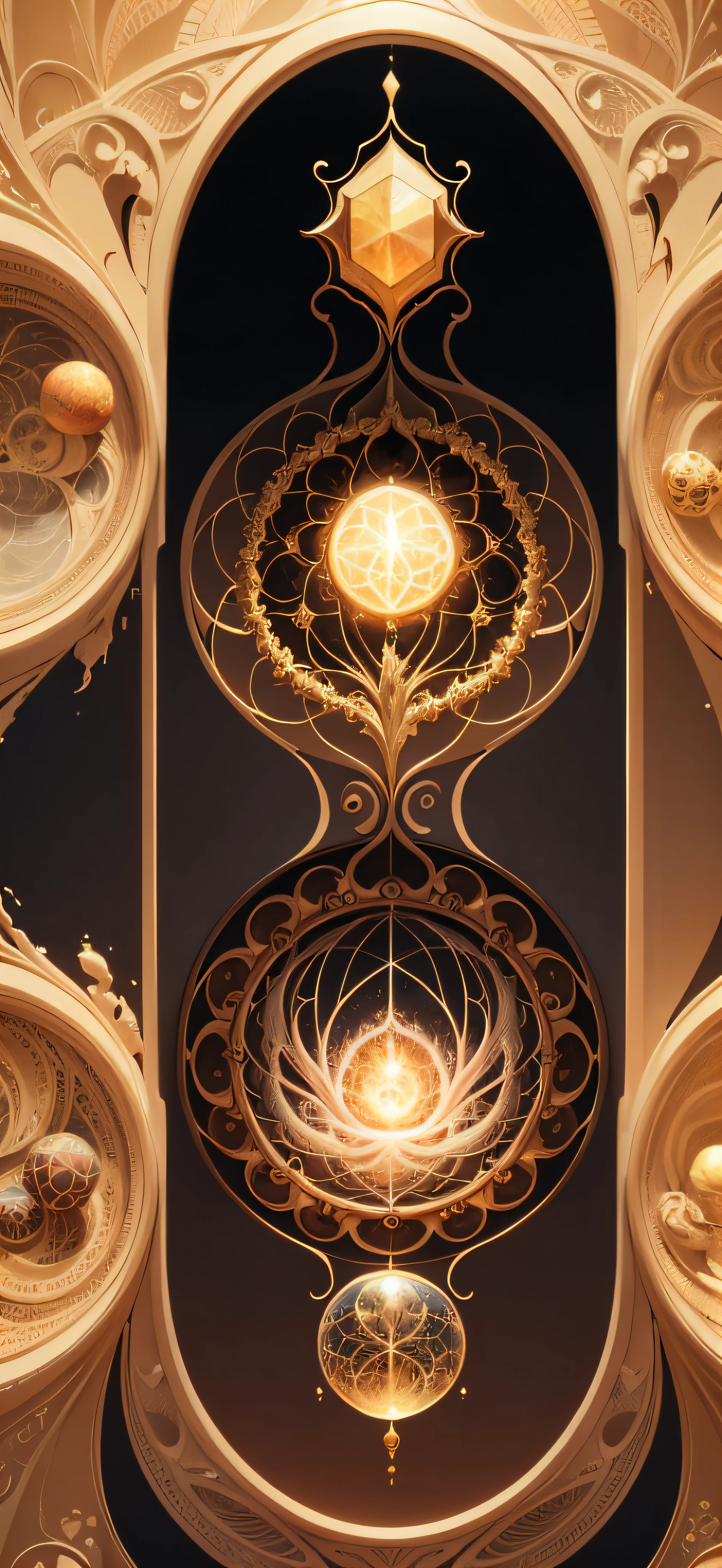Beautiful symmetrical fgeometrical pattern painted in oil with thick brushstrokes and wet paint, no human, Fibonacci, golden ratio, melted wax, visible brushstrokes, surrounded by crystal spheres, 3D tessellation wireframe, neural graphic, neurons, tree of life, color, love, passion, oil on canvas, thick brushstrokes, insanely detailed, 8k uhd, masterpiece, artstation, surreal, light yellow background