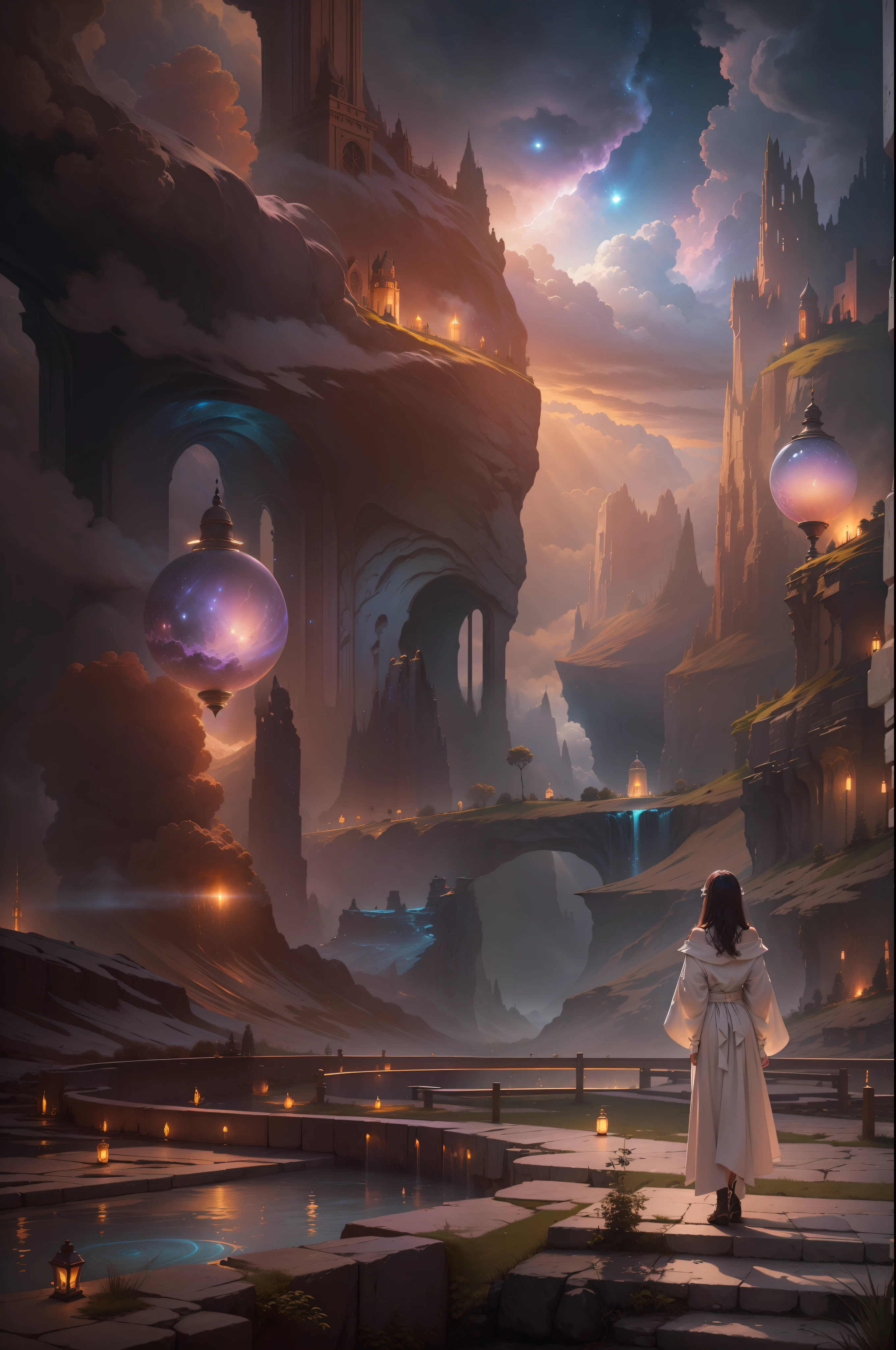 A masterpiece of high detail,8K,High-resolution body content:utopian,Broad perspectives,fanciful,Full of mystery,Bask in the mysterious atmosphere,Hopeful,Divine piety ,Look outward at the background:Dazzling colors,The 22-year-old beauty stood and looked at the atmosphere in the distance:Mysterious and unknowable sense of light,milky ways,Magic beam,The fantasy of the future world is intertwined with reality,Color:Infused with ethereal hues,High purity color, composition:Vista composition,ultra-wide-angle,Style reference:Virtual Engine,Ethereal magical texture,Chaotic real world
