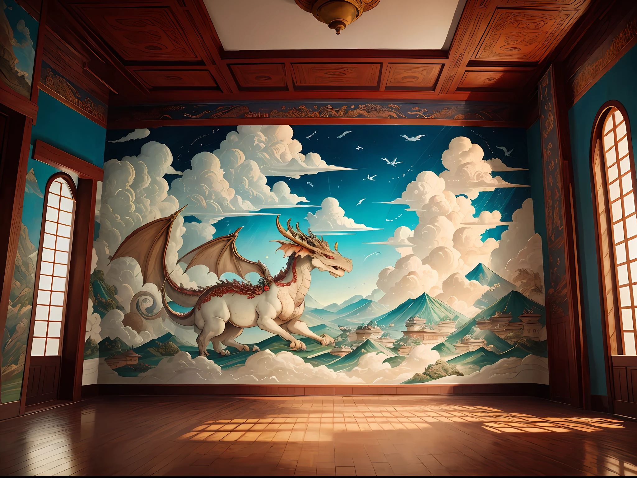 A mural depicting a dragon,Auspicious clouds,Intricate patterns,Majestic atmosphere,Panorama Figures,Ancient Scrolls,Rich colors,Detailed composition,Canon EOS R5 camera,Fujifilm Pro 400H film,50mm lens,张艺谋 in the mood of,Chen Kaige,Wong Kar-wai,Alexander McQueen,GUO Pei,The frescoes are displayed on weathered walls,The vicissitudes of the past。 --auto