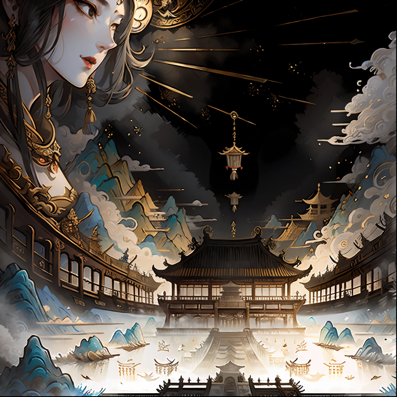 An ancient Chinese painting， Ancient city，canals，Ancient shop，Ancient crowds，Ancient ships， rays of sunshine， tmasterpiece， super detailing， Epic composition， hyper HD， high qulity， extremely detaile， offcial art， 统一 8k 壁纸， super detailing， 32k -- v 6