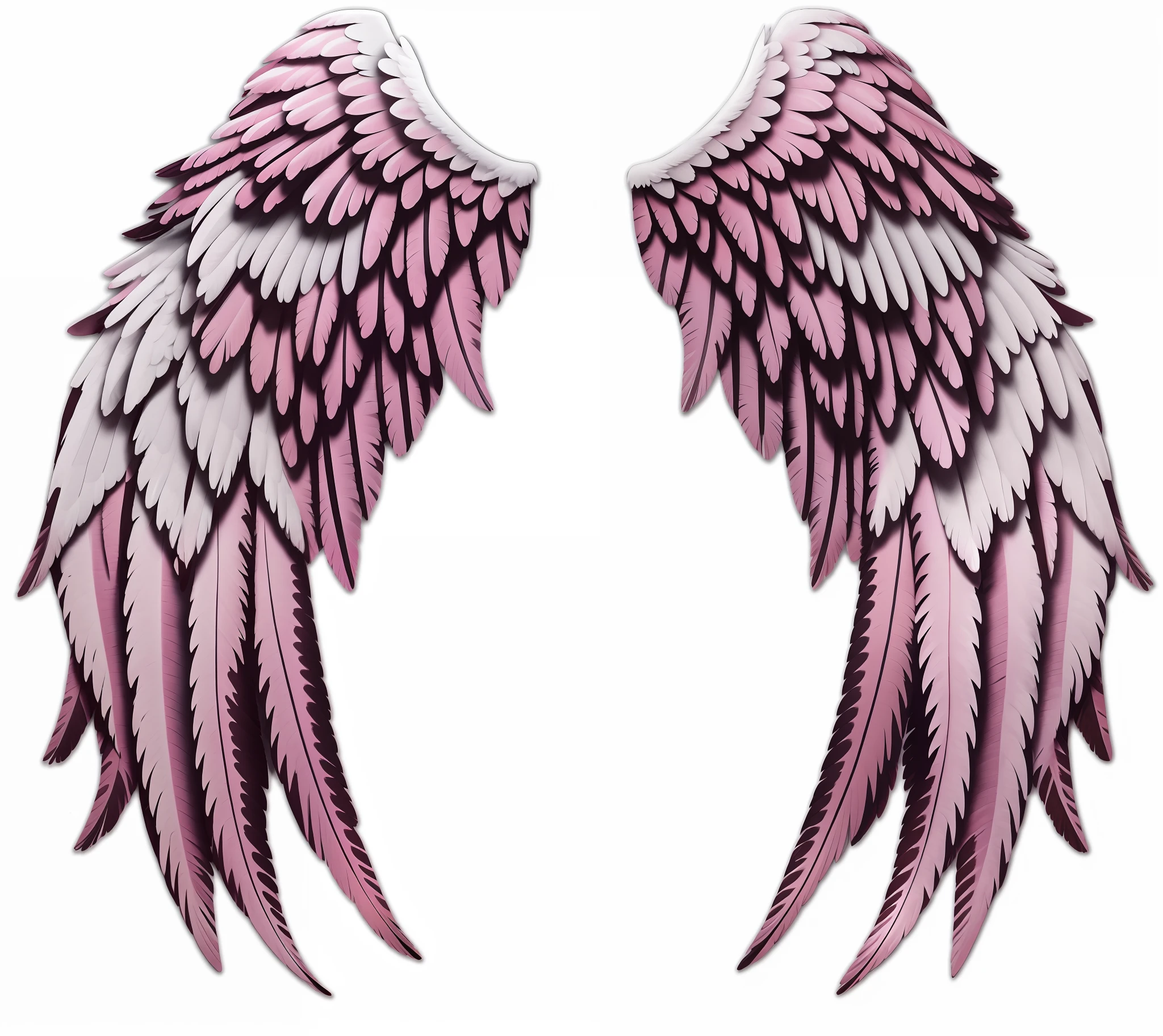 Two pink wings，It has white wings on it, infinite angel wings, 2 wings, Epic angel wings, detailed wings, large wings, Angel wings, big angel wings wide open, Angelic wings, Feathery wings, massive angel wings, grand angel wings, infinite angel wings, Feathered wings, Archangel wings on the back, Neon wings, symetrical wings, Wings