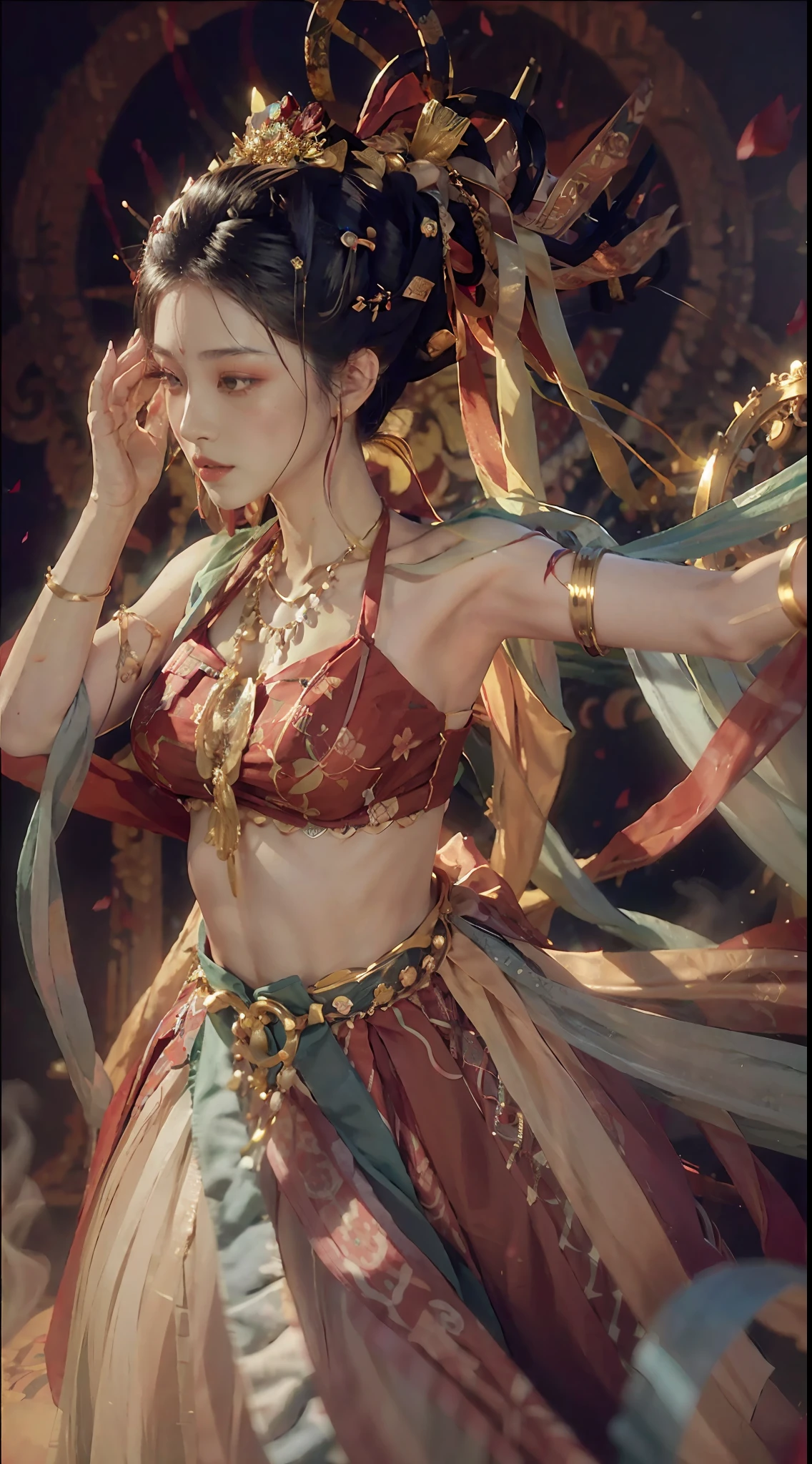 (8k, RAW photo, best quality, masterpiece: 1.2), (realistic, photorealistic photoreal: 1.4), (very detailed CG unity 8k wallpaper), (1 girl), dance, dunhuang_dress, dunhuang_style, dunhuang_background, arm up, gold jewelry, ancient Chinese hairstyle, tulle, streamers, light makeup, eyeshadow, eyebrow mole, (face), dynamic pose, Background smoke surrounding, red and green color scheme, petals flying, details, jewelry, earrings, bracelets, shoulders, complex textures, busts, guqin, pipa
