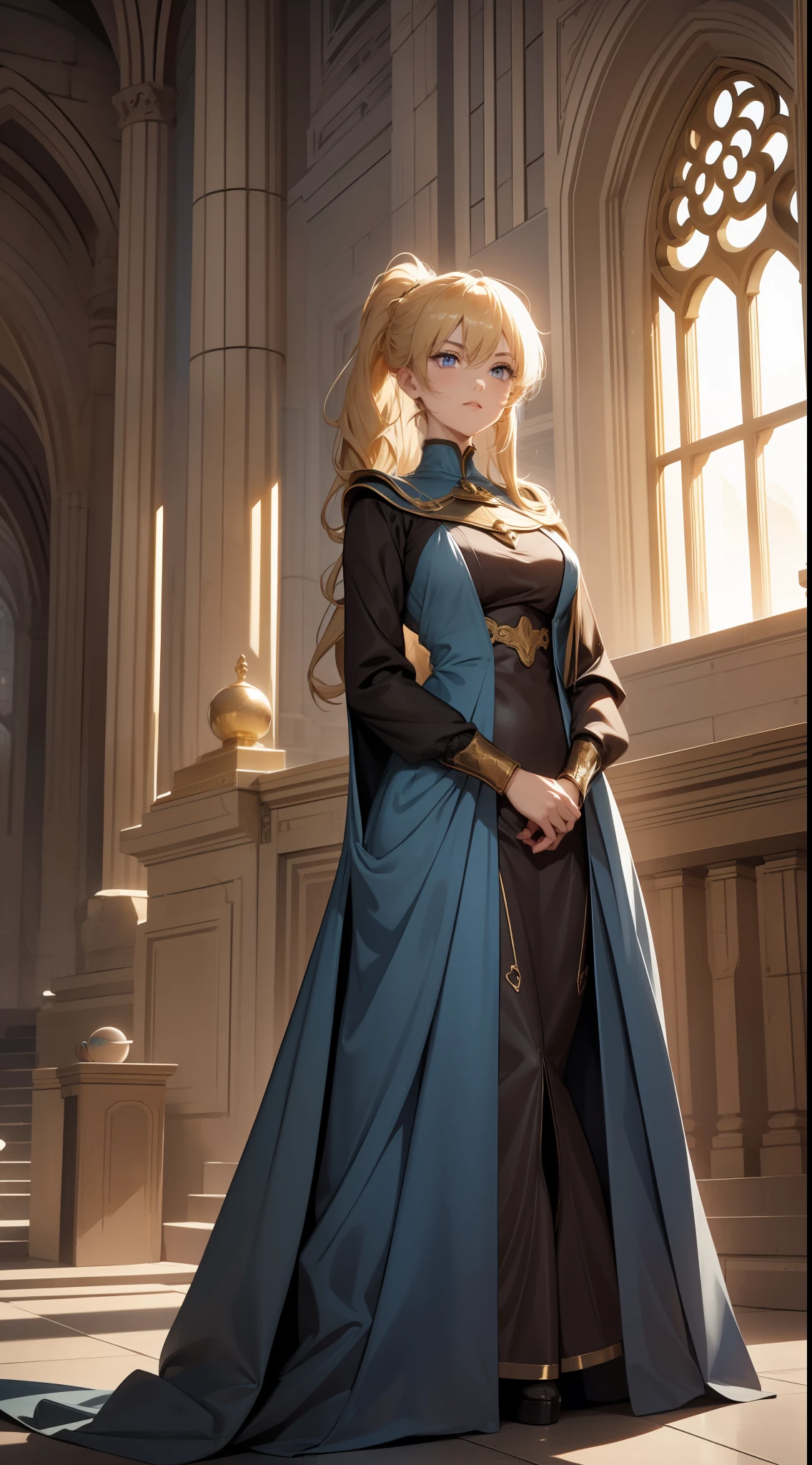 Elegant anime female characters, golden ponytail, extremely attractive eyes, medieval knight and aristocratic costumes, daytime, blue sky, sky, cathedral, looking at the audience, behind the floor-to-ceiling windows, surrounded by mountains outside the window, movie lighting effects, large aperture portrait, dynamic pose, golden ratio, rich details