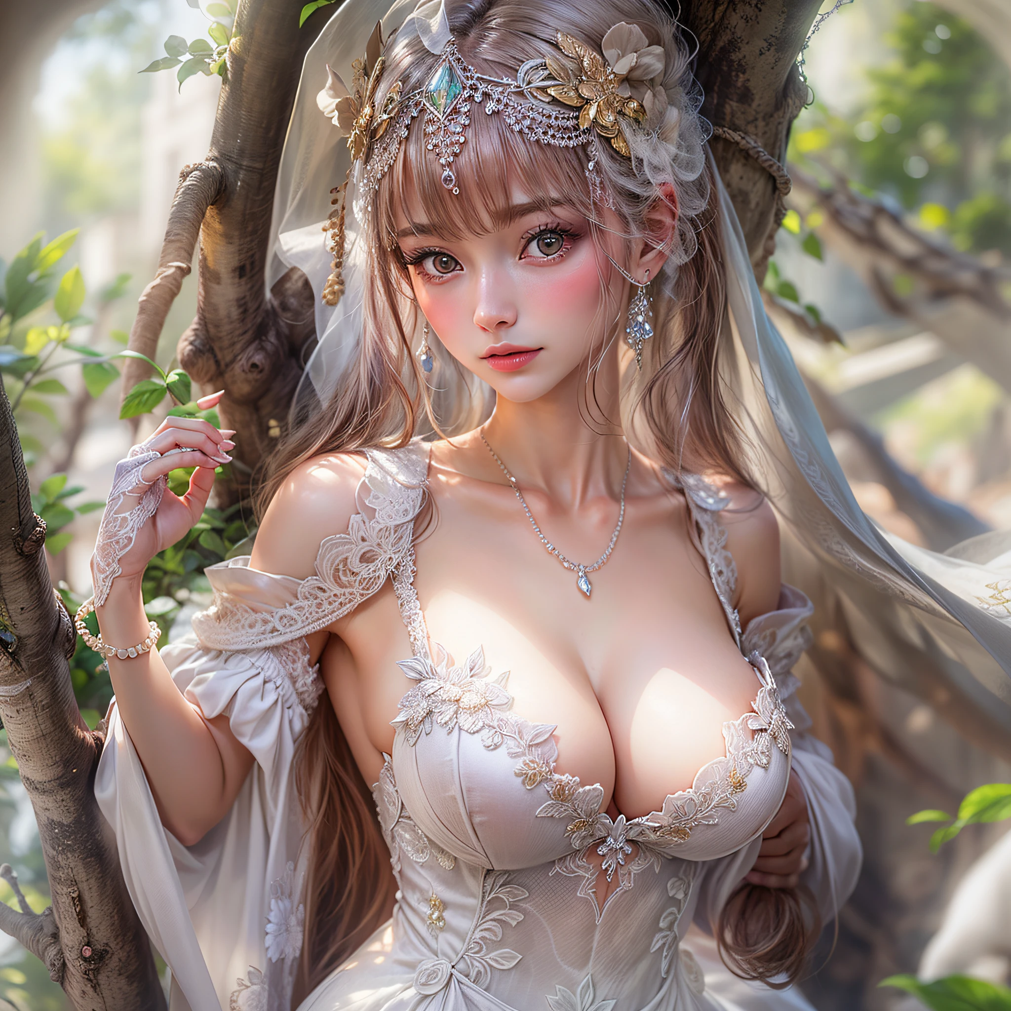 1 Beautiful girl, Beautiful girl of the highest grade, Realistic, extremely detailed CG unified 8k wallpaper, ighly detailed, High-definition raw color photos, professional photograpy, Realistic portrait, Cinematic Light, Beautiful detailed, (Naked:1.5), Beautiful big breasts, breasts details, (cleavage of the breast:1.2), Bare shoulders, (beautiful wedding dress with a wide open chest:1.4), No bra, No panties, (cameltoe details), Outdoors, Beautiful Landscape Forest, castle, stare, (Best Quality:1.4), super detail, high quality, masterpiece, upper body,