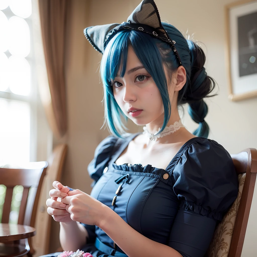 A blue-haired girl wearing a blue ta