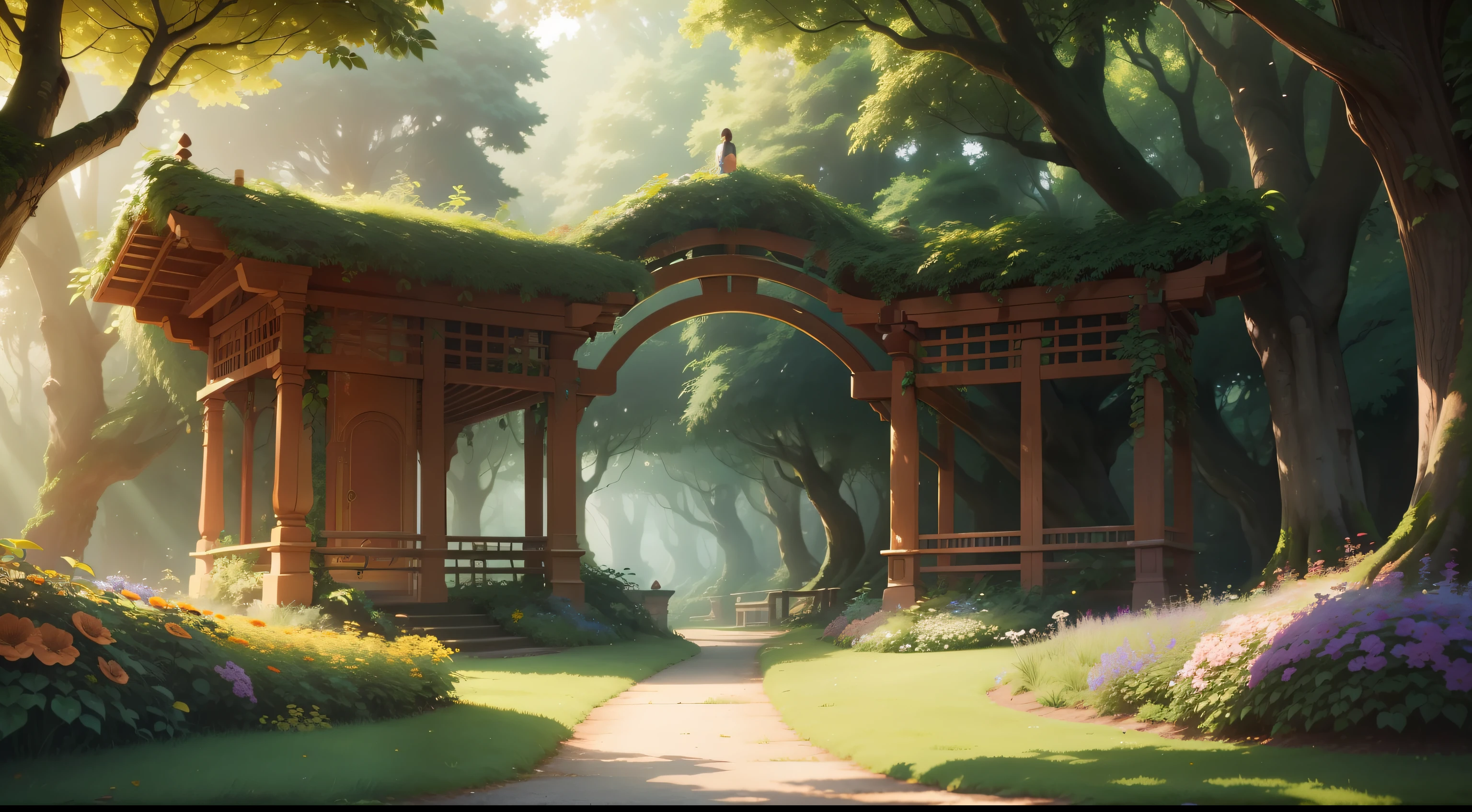 A lush forest filled with diverse and colorful trees, bathed in golden sunlight, Studio ghibli style, an beautiful exotic flowery arbor in center surrounded by pleasing Hedgerow, very pleasing colors, meadow, flowers must be small, very pleasing colors, high quality, 8k, Soft instrumental music plays in the background