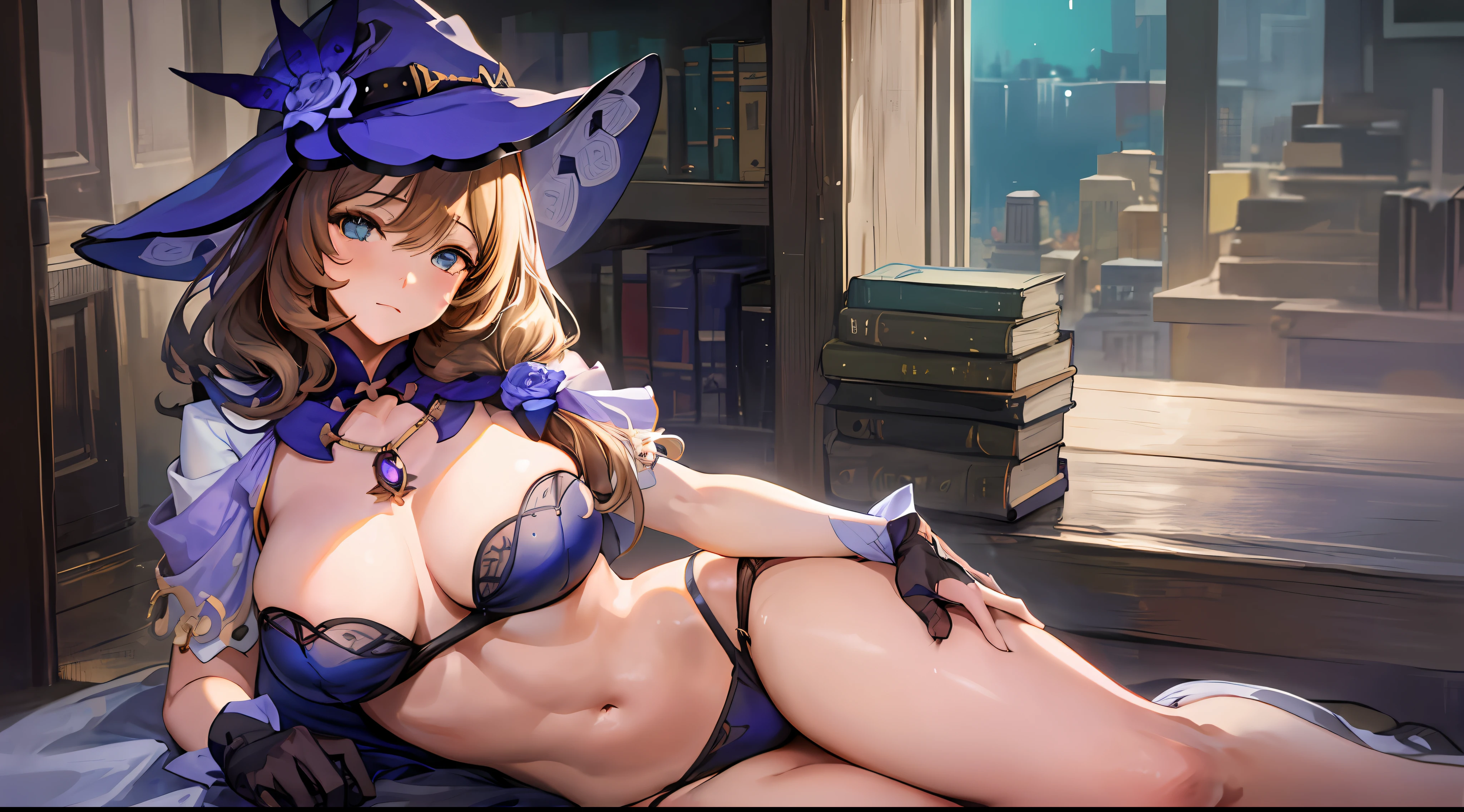 Lisa \(genshin impact\), Iwhole body, (NSTDA.:1.2), (10, beste-Qualit, master-piece: 1.4), ultra-high resolution, (lifelike, photorealistic portrait: 1.48), 20 age, Cute Girl, (Look neatly through the bikini:1.11), Famous Japanese actors, Beautiful breasts, Blue Eyes, Head tilt, cowboy shot, from the side, looking at the audience, expressionless, Beautiful lake, Zeiss 150mm F/ 2.8 Hasselblad, Whole body, foot, Ultra-Wide Angle