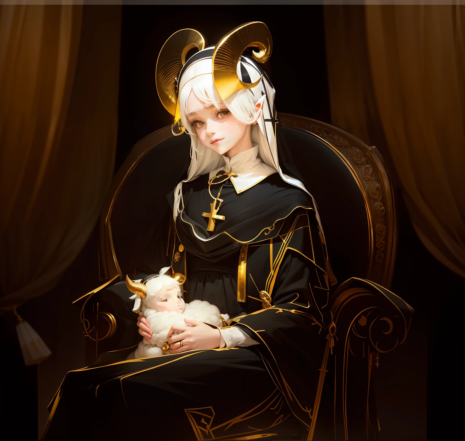 A teenage girl，A young girl with a pair of big horns on her head，Sideways，ssmile，White color hair，Black and white nun dress，Gold pendant，mistic，Sheep horns，Holding a lamb in his arms，Sit on a scarlet throne，waxy candles，Inverted cross，shackle，golden headdress，