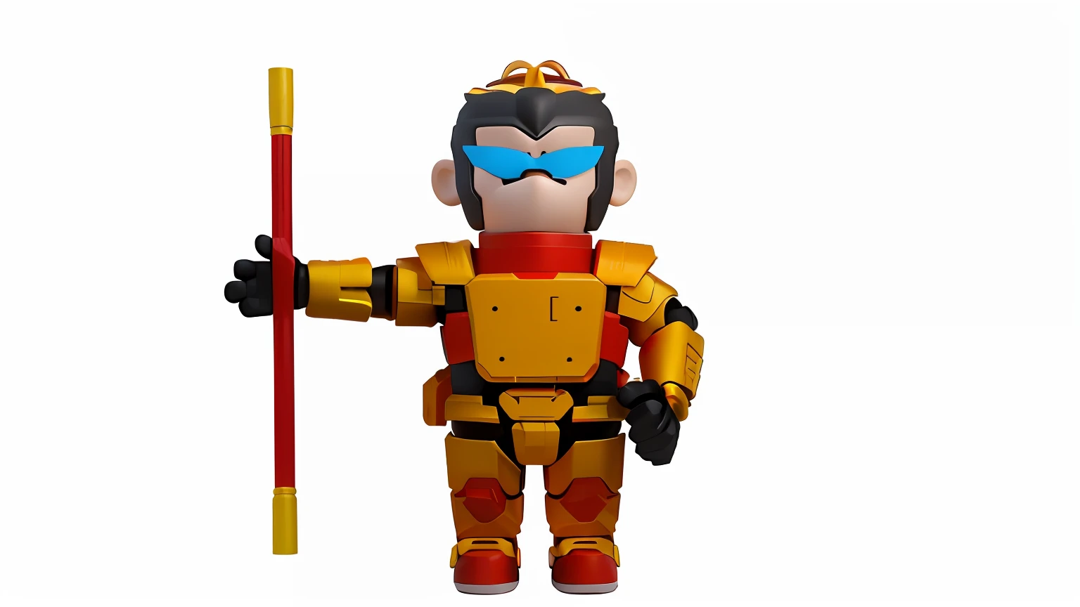 There is a toy figure of a man holding a pole, Monkey king, son goku, vinyl toy figurine, tintoy characterdesign robot, 3D model of a Japanese mascot, kenny wong x pop mart, Wukong, vinyl action figure, tchibi, stop motion vinyl figure, vinyl designer toy, pvc poseable, toonix character, straw,The background is in the 3D style of Tiangong,There are clouds and fog,Combined with the scene of the big trouble in the Heavenly Palace。