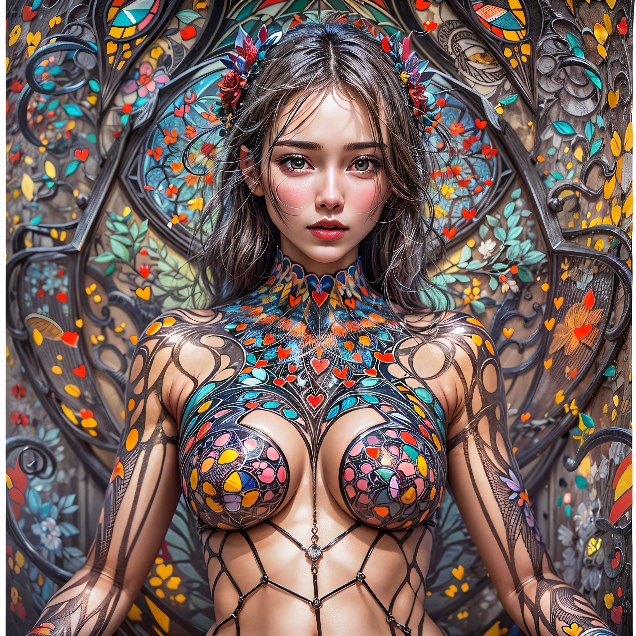 Beautiful young woman, Beautiful big breasts, beautiful goddess advent, ((naked)), Body painting with pop designs drawn directly all over the naked body, heart shapes, Pop Art Design, Cutting-edge fashion, Innovative, The center of attention, newyork, Special art design, pubick hair, cameltoe details, (nipples-design), Beautiful background, A futuristic, spark of light, conceptual art, Super Detail, ccurate, high details, Anatomically correct, Outdoors, Beautiful Landscape Forest, castle, cutting edge, sexy art, kaleidoscope, Illustration of stained glass art throughout,
