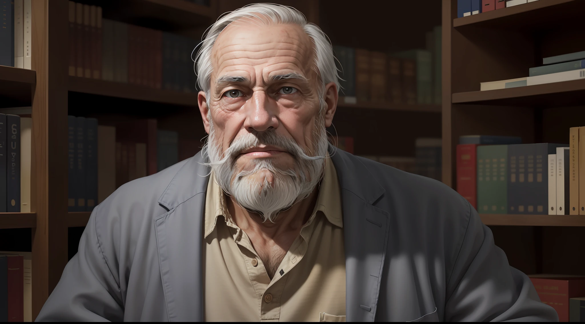 Photograph of an old man with wrinkled skin and gray beard, in a library, dark, moody, ultra realistic, ultra detailed, photorealistic