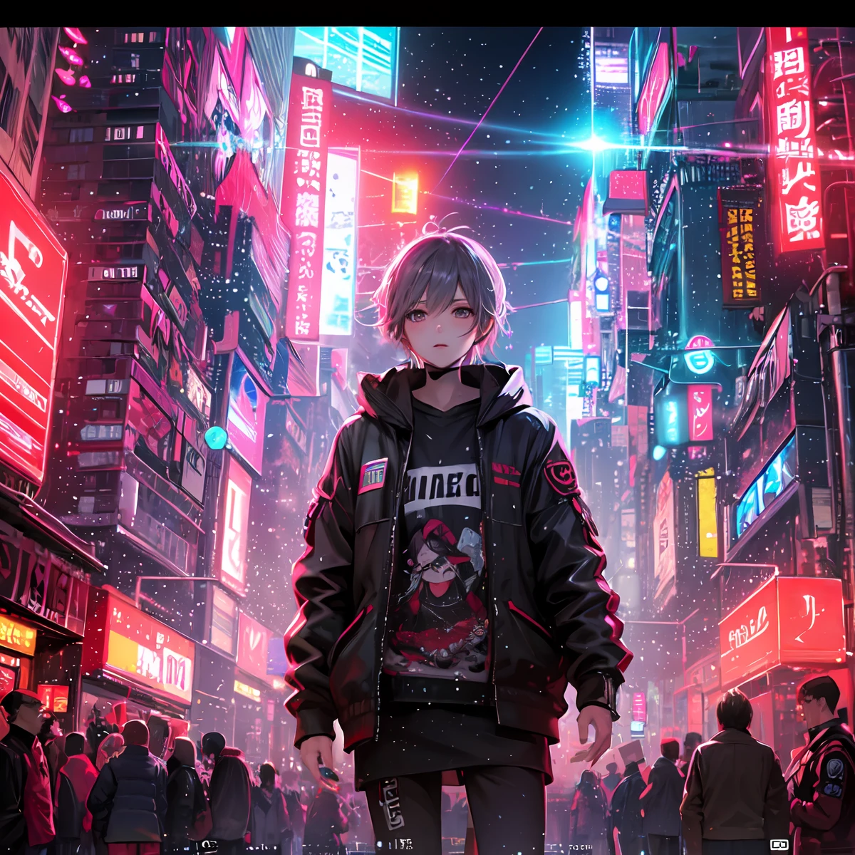 (​masterpiece、top-quality、top-quality、Official art、ighly detailed、Beautifully Aesthetic:1.2)、(1girl in)、(Fractal Art:1.3)、Random hairstyle、Random hair color colorful、FULL BODYSHOT、(CyberpunkＴThe shirt)、animesque、head-mounted displays、neon light detail、Intuitive、City of the Future、sharp、Precise focus、randome pose、cyberpunkcity、street neon lights、insta photo、photo of the year、cinema4d、Dramatic、