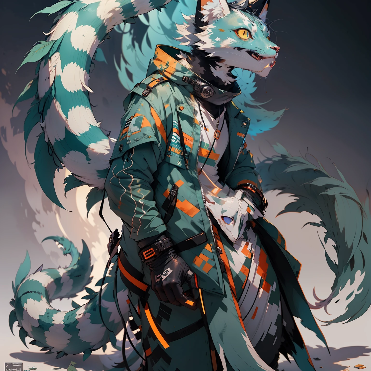 Fantasy animal，There is a snake's head and a cat's body，The spine is mechanically modified，The face is covered with snake scales，The tail and body are hairy，Colorful，cyber punk perssonage
