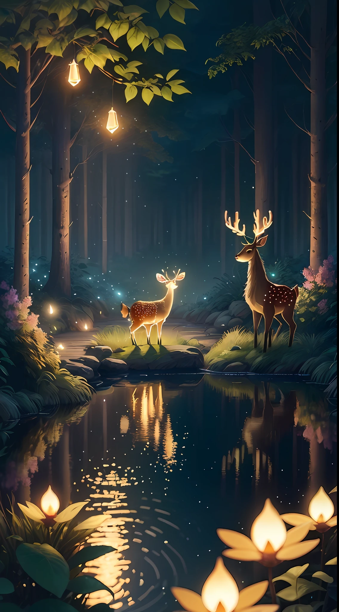 Masterpiece, best quality, (very detailed CG unity 8k wallpaper), (best quality), (best illustration), (best shadows), glow sprite, with a glowing deer, in the swimming pool Drinking water, natural elements in the forest theme. Mysterious forest, beautiful forest, nature, surrounded by flowers, delicate leaves and branches surrounded by fireflies (natural elements), (jungle theme), (leaves), (twigs), (fireflies), (particle effects) etc. 3D , Octane rendering, ray tracing, super detailed