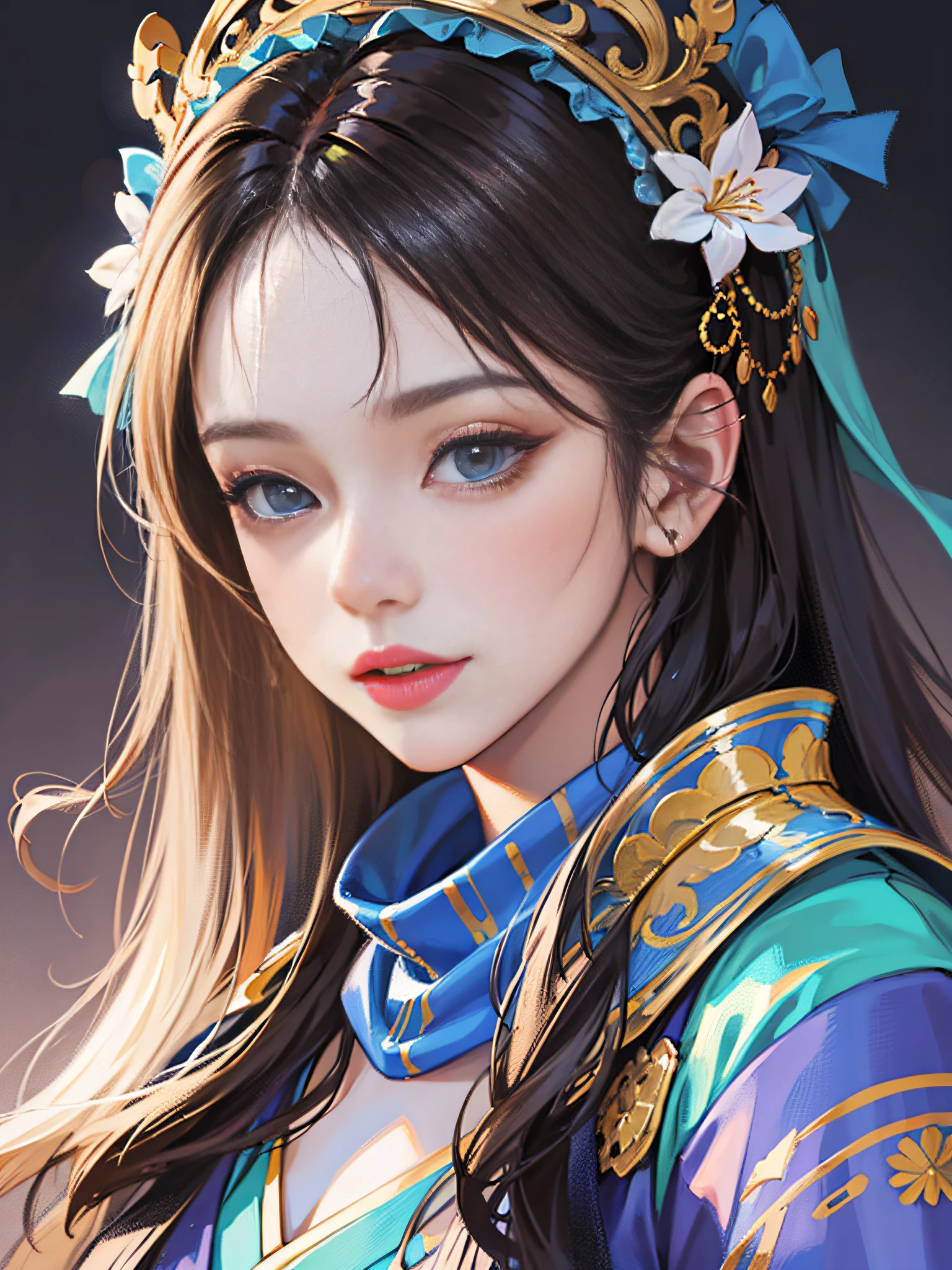 Close-up of a woman wearing a blue headdress and blue scarf, Palace , Close up to the face,A girl in Hanfu, Guviz, style of wlop, Guviz-style artwork, beautiful portrait image, valentine, Realistic. Cheng Yi, Kawaii realistic portrait, inspired by Jin Nong, high quality portrait, popular korean makeup