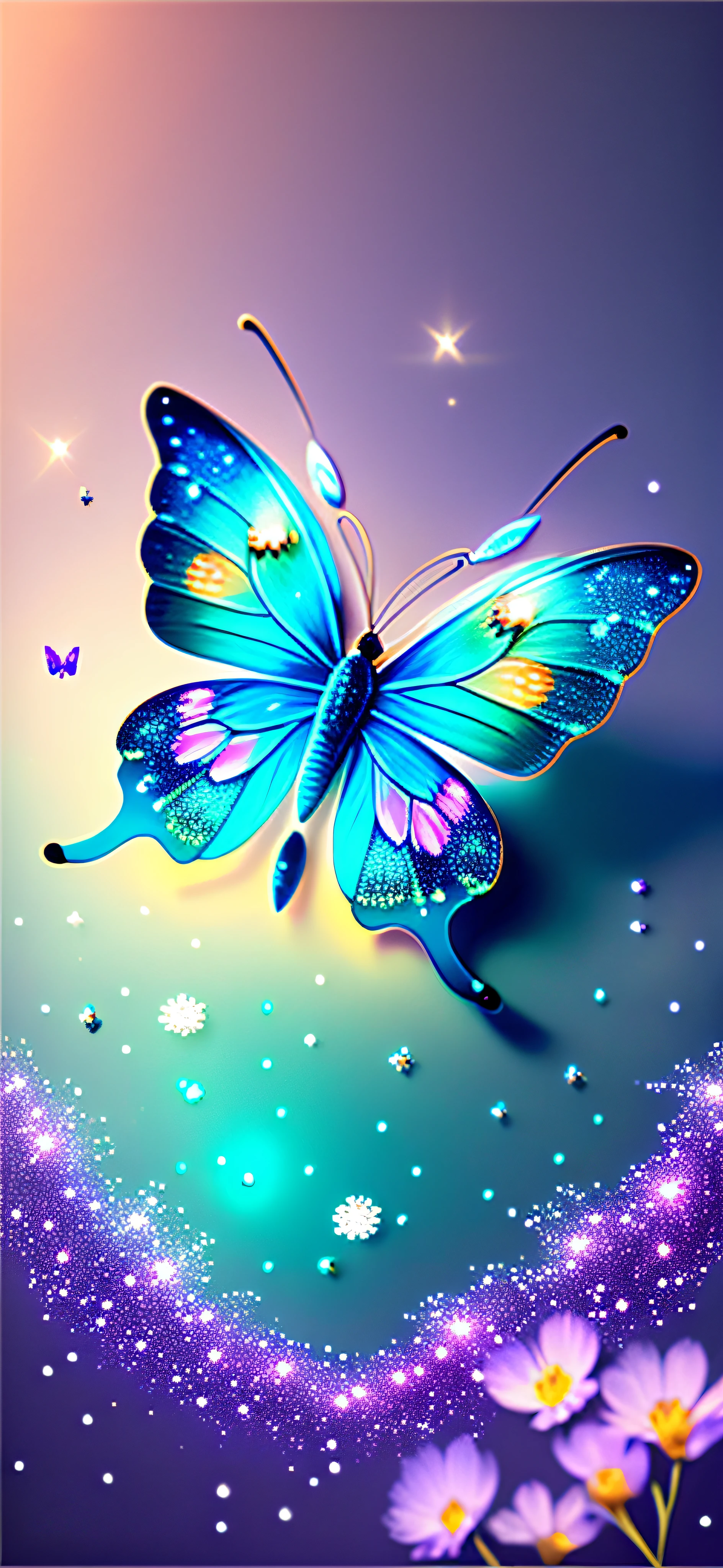 bioluminiscent butterfly on water, glitter petals, 4k