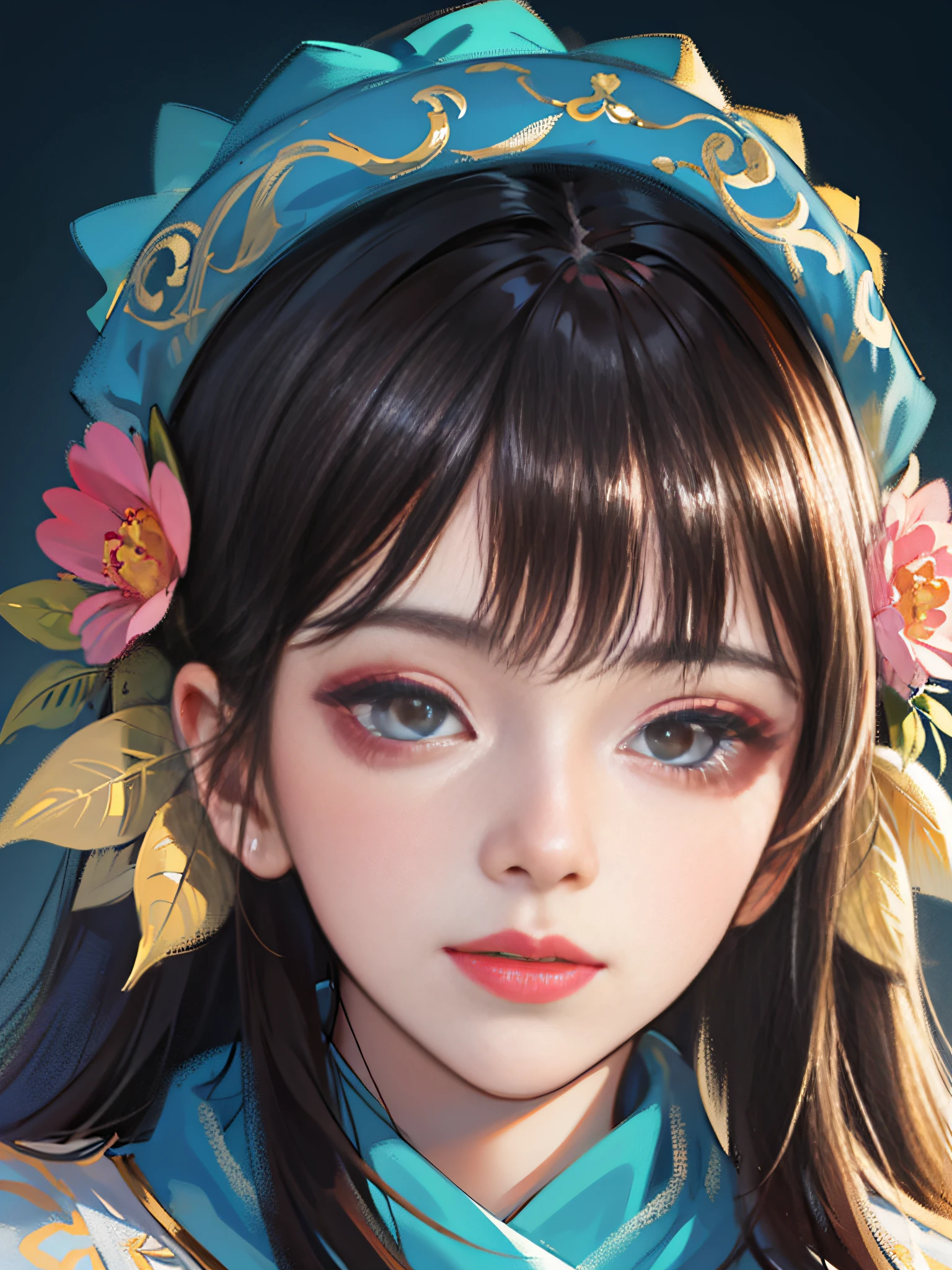 Close-up of a woman wearing a blue headdress and blue scarf, Palace , Close up to the face,A girl in Hanfu, Guviz, style of wlop, Guviz-style artwork, beautiful portrait image, valentine, Realistic. Cheng Yi, Kawaii realistic portrait, inspired by Jin Nong, high quality portrait, popular korean makeup