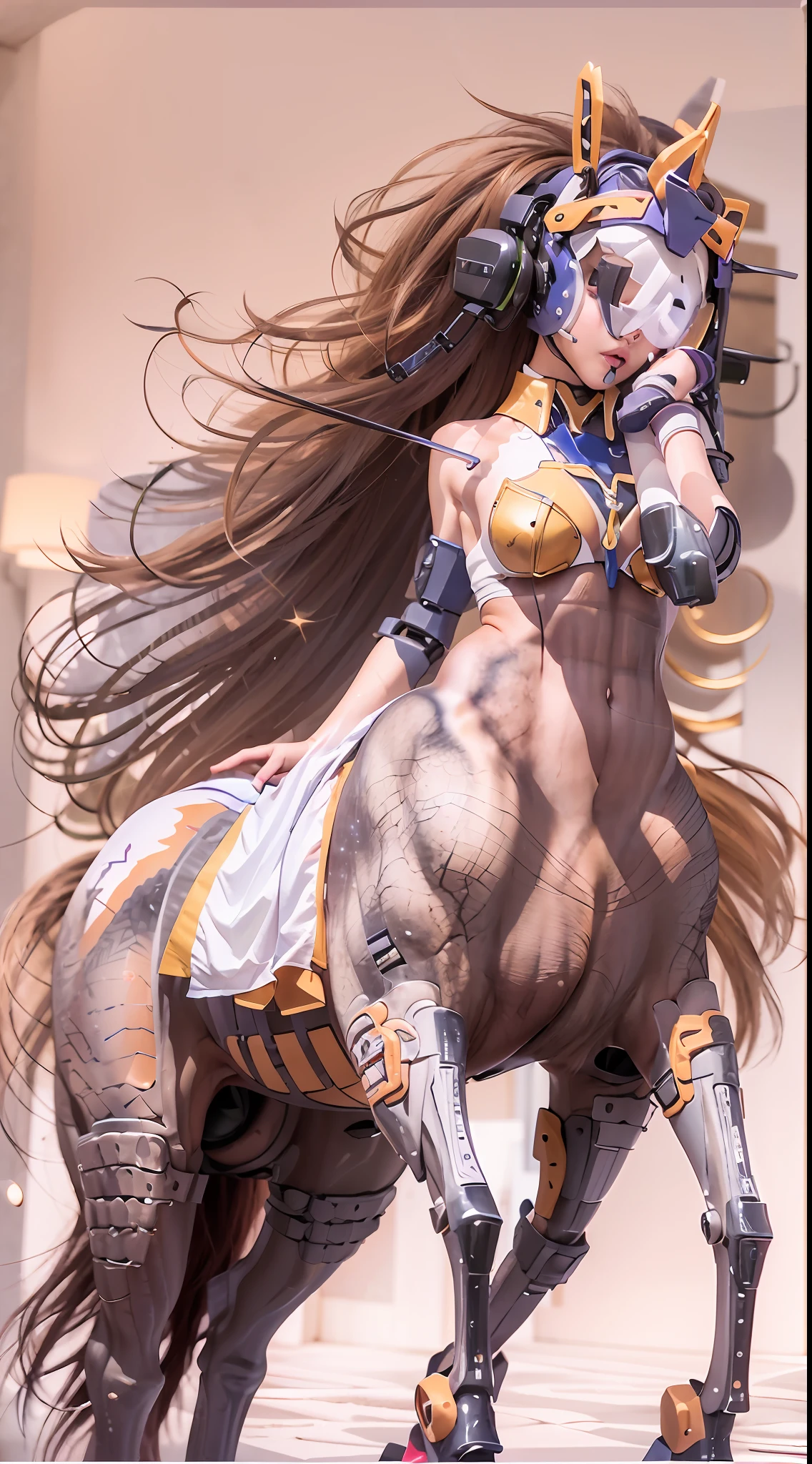 A female centaur，She is famous in the multiverse，She is both a female centaur, half human, half horse, half horse，It is also a female Yingzhao。She blends both images，The first is the head of a horse/neck/Shoulder these parts，After feminization，The upper body transforms into a beautiful female human，Female, half-centaur, half-human, half-horse, half-human，The second is the waist of the horse/hason/gluteal/Legs feminine，Female half-horse with beautiful woman's，Chimer，It's like a female human wearing a half-horse-like costume and making a seamless chimera，This chimerization is based on powerful futuristic technology。The ultra-wide-angle lens captures the image of her sleek and ethereal wings charging and leaping on the ionosphere。Her front half is distinctly feminine，Tall sexy body，Has K cup teardrop-shaped giant tit chest，It has a small man's waist butterfly spanning long legs，The half-horse part of the hind body，Embedded interface in the front half of the body hip position。The back half of her body is horse-shaped，Half-horse torso，The morphology is completely female and humanized，Start at the upper end of the sternum，Embedded in the lower back position of the beauty body，Sexy bent dog style shaped chest/lower back/Ventral transverse，Then there are the sexy beauty's upright hips，Her entire body has been completely feminized，Including the half-horse part，Mechanized armor covers the knee-shaped anti-joints and feet，And these parts are highly anthropomorphic，This gives her legs a graceful and slender line，She has four slender legs like a supermodel，Under the legs are skinny white feet dressed in Skyscraper Heels，Use Midjourney's advanced stroke tools and color palettes, as well as texture packs, model packs, and texture tools，Concentration，Femaleize all parts of her original equine physiologic appearance，And give these parts an ergonomic appearance，Fine treatment of the thoracic and abdominal cavity of the posterior body，As well as hips and legs，Tightly connected details