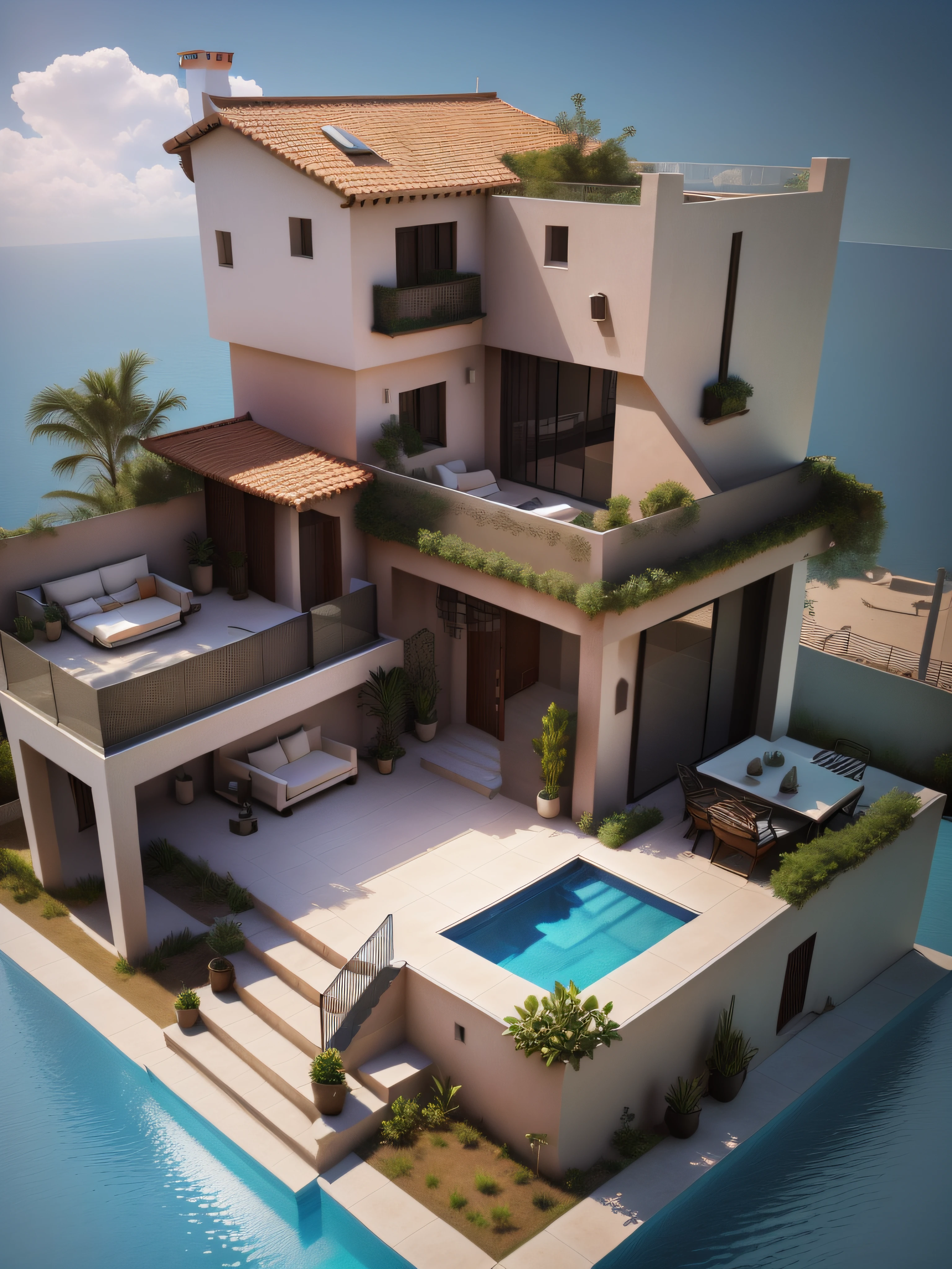 Alafid view of the house，Swimming pool and terrace, realistic 3 d style, Realistic architecture, Realistic style, casa completa, overall architectural design, inter dimensional villa, looks realistic, very very very realistic, Isometric house, Very realistic, hyper realisitc, style of surrealism, “hyper realistic, with a fishpond and courtyard, very hyperrealistic