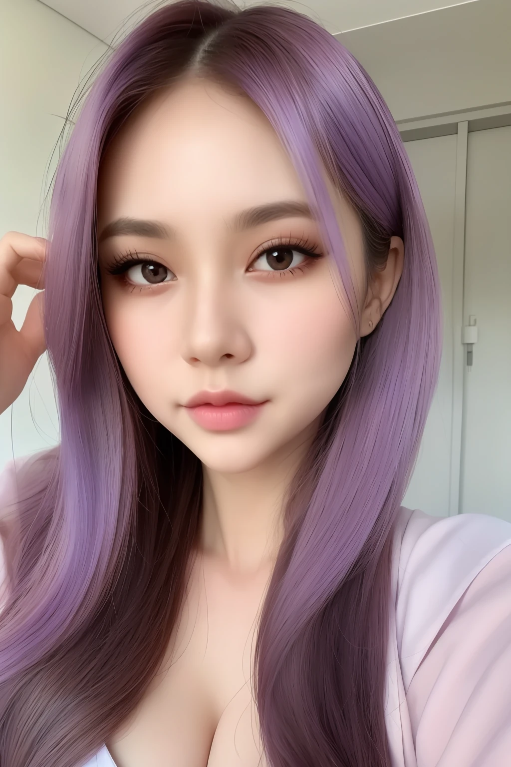 best quality, masterpiece,  (realistic:1.2), 1 girl, pastel purple hair, brown eyes,Front, detailed face, beautiful eyes