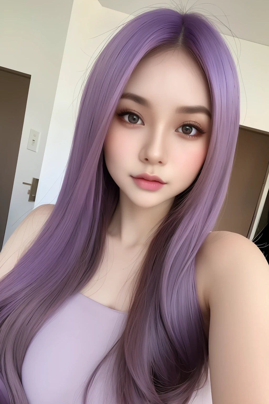 best quality, masterpiece,  (realistic:1.2), 1 girl, pastel purple hair, brown eyes,Front, detailed face, beautiful eyes