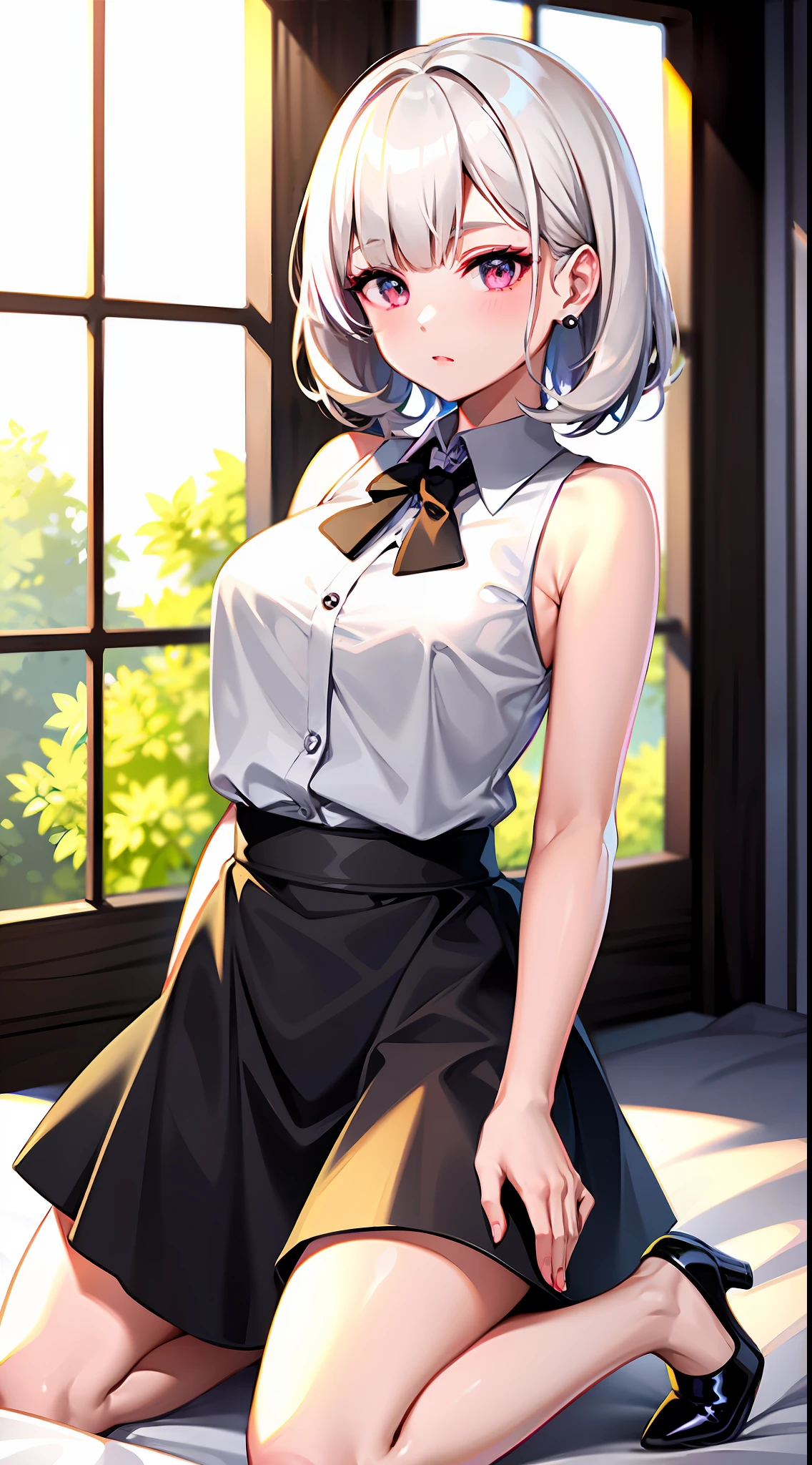 best quality, ultra high res, 1girl, sleeveless white button shirt, black skirt, black choker, cute, (Kpop idol), (aegyo sal:1), (platinum blonde hair:1), ((puffy eyes)), looking at viewer, full body, facing front